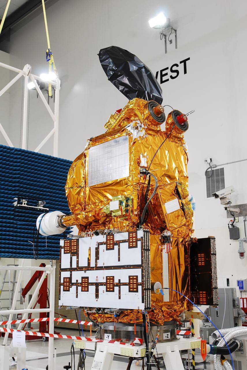 VANDENBERG AIR FORCE BASE, Calif. – The Ocean Surface Topography Mission, or OSTM/Jason 2, spacecraft is being prepared for bagging before encapsulation and transfer to the launch pad. The launch of the Ocean Surface Topography Mission, or OSTM/Jason 2, aboard a Delta II rocket is scheduled for Friday, June 20, from Vandenberg Air Force Base in California. The launch window extends from 12:46 a.m. to 12:55 a.m. PDT. The satellite will be placed in an 830-mile-high orbit at an inclination of 66 degrees after separating from the Delta II 55 minutes after liftoff. The five primary science instruments of the Ocean Surface Topography Mission aboard the Jason 2 spacecraft are dedicated to measuring ocean surface height. These measurements will be used to evaluate and forecast climate changes and improve weather forecasting. The results also are expected to help forecasters better predict hurricane intensity. Photo credit: NASA