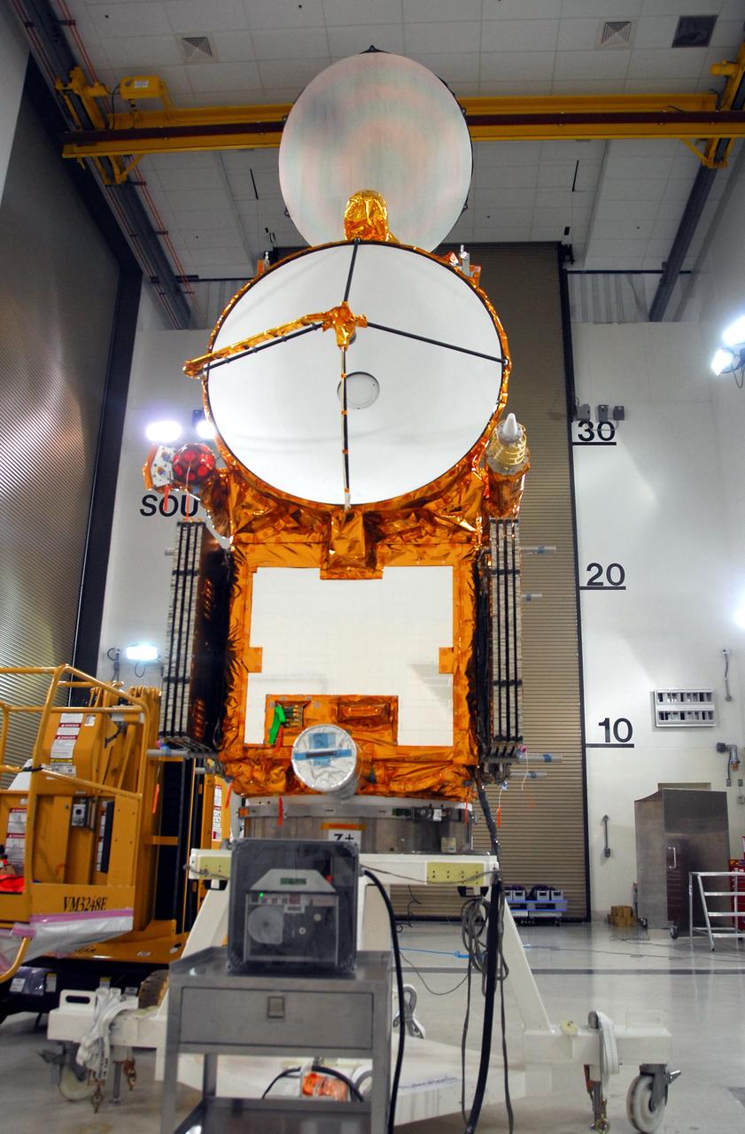 VANDENBERG AIR FORCE BASE, Calif. – The Ocean Surface Topography Mission, or OSTM/Jason 2, spacecraft is being weighed before fueling, encapsulation and transfer to the launch pad. The launch of the OSTM/Jason 2 aboard a Delta II rocket is scheduled for Friday, June 20, from Vandenberg Air Force Base in California. The launch window extends from 12:46 a.m. to 12:55 a.m. PDT. The satellite will be placed in an 830-mile-high orbit at an inclination of 66 degrees after separating from the Delta II 55 minutes after liftoff. The five primary science instruments of the Ocean Surface Topography Mission aboard the Jason 2 spacecraft are dedicated to measuring ocean surface height. These measurements will be used to evaluate and forecast climate changes and improve weather forecasting. The results also are expected to help forecasters better predict hurricane intensity. Photo credit: NASA
