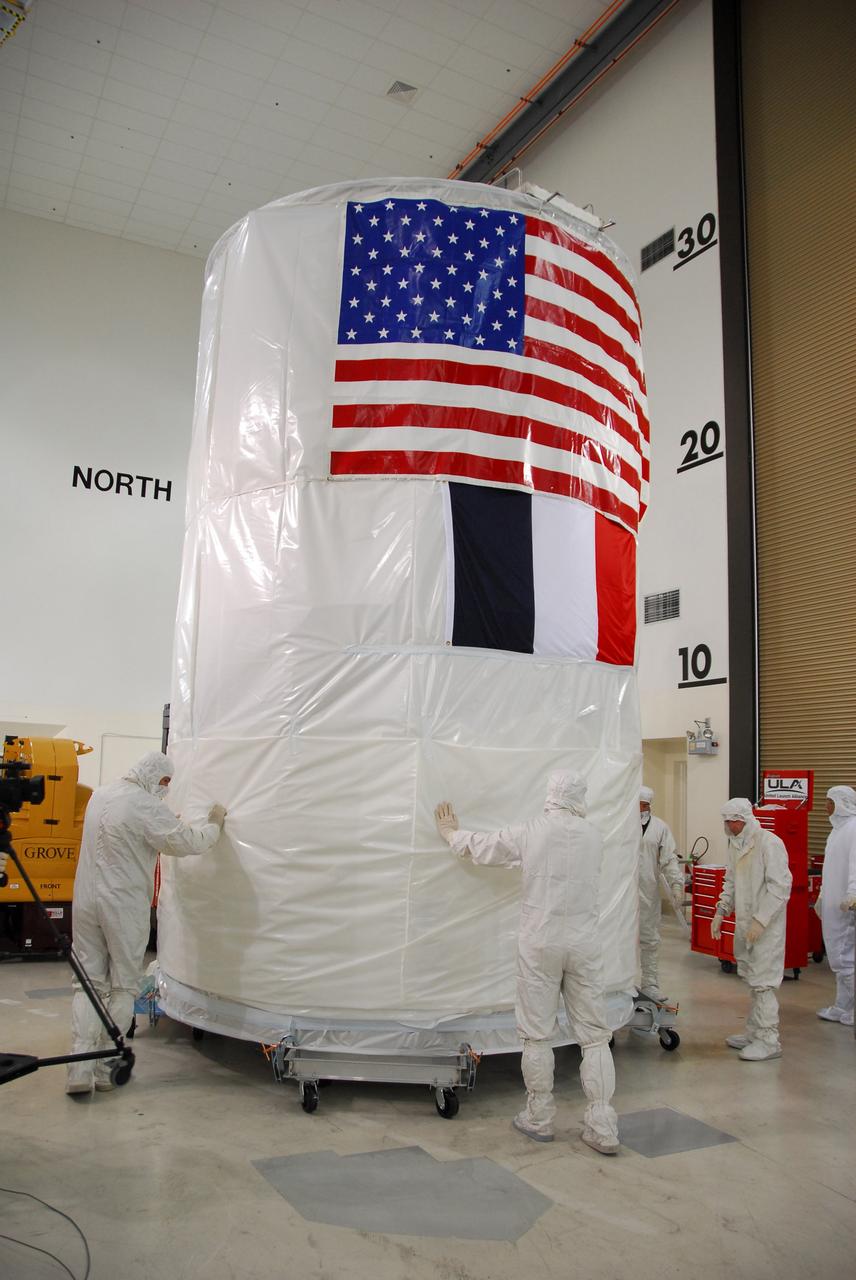 VANDENBERG AIR FORCE BASE, Calif. – The shipping canister is ready to be placed over the Ocean Surface Topography Mission, or OSTM/Jason 2, spacecraft for transport to the launch pad. The launch of the OSTM/Jason 2 aboard a Delta II rocket is scheduled for Friday, June 20, from Vandenberg Air Force Base in California. The launch window extends from 12:46 a.m. to 12:55 a.m. PDT. The satellite will be placed in an 830-mile-high orbit at an inclination of 66 degrees after separating from the Delta II 55 minutes after liftoff. The five primary science instruments of the Ocean Surface Topography Mission aboard the Jason 2 spacecraft are dedicated to measuring ocean surface height. These measurements will be used to evaluate and forecast climate changes and improve weather forecasting. The results also are expected to help forecasters better predict hurricane intensity. Photo credit: NASA/Dan Liberotti