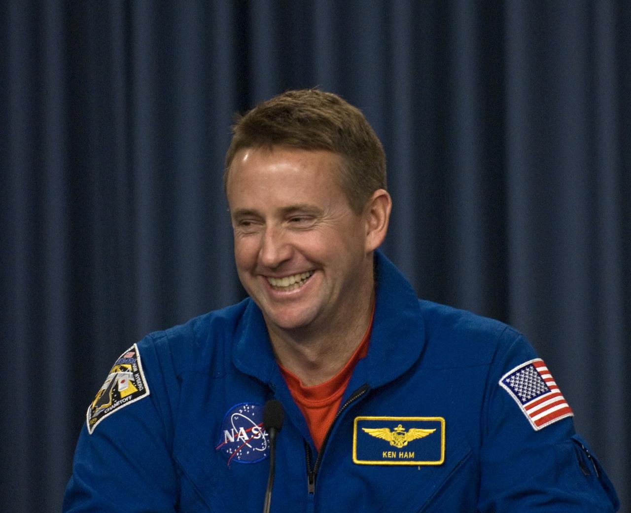 CAPE CANAVERAL, Fla. – Following the successful landing of space shuttle Discovery at NASA's Kennedy Space Center to end the 14-day, STS-124 mission, the crew sits for a press conference. Pilot Ken Ham shares his memory of space. The STS-124 mission delivered the Japan Aerospace Exploration Agency's large Japanese Pressurized Module and its remote manipulator system to the International Space Station. The landing was on time at 11:15 a.m. EDT. Photo credit: NASA/Kim Shiflett