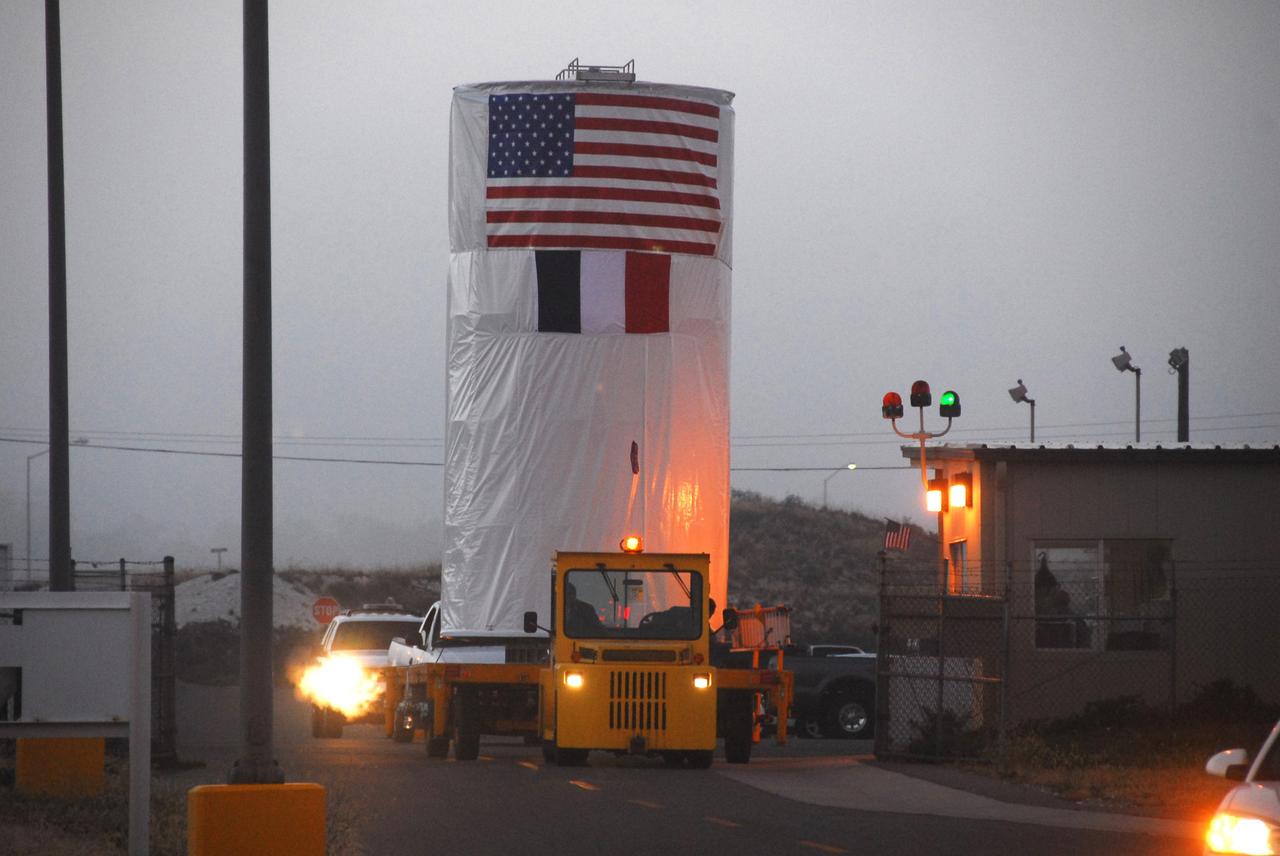 VANDENBERG AIR FORCE BASE, Calif. – Inside its shipping container, the Ocean Surface Topography Mission, or OSTM/Jason 2, spacecraft is moved to Space Launch Complex 2 for mating with its Delta II launch vehicle. The launch is scheduled for June 20 from Vandenberg Air Force Base. The launch window extends from 12:46 a.m. to 12:55 a.m. PDT. The satellite will be placed in an 830-mile-high orbit at an inclination of 66 degrees after separating from the Delta II 55 minutes after liftoff. The five primary science instruments of the Ocean Surface Topography Mission aboard the Jason 2 spacecraft are dedicated to measuring the height of the ocean surface. These measurements will be used to evaluate and forecast climate changes and improve weather forecasting. The results also are expected to help forecasters better predict hurricane intensity.