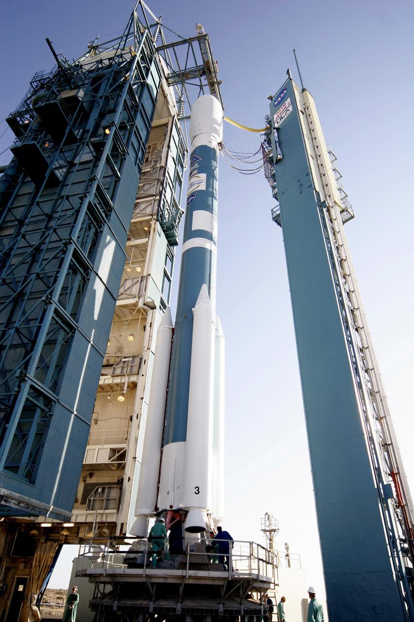 PASADENA, Calif. – A Delta II rocket carrying the Ocean Surface Topography Mission/Jason 2 satellite, is prepared for launch at Space Launch Complex 2 at Vandenberg Air Force Base, Calif.  The OSTM/Jason 2 satellite will embark on a globe-circling voyage to continue charting sea level, a vital indicator of global climate change. The mission will return a vast amount of new data that will improve weather, climate and ocean forecasts.  OSTM/Jason 2's expected lifetime of at least three years will extend into the next decade the continuous record of these data started in 1992 by NASA and the French space agency Centre National d'Etudes Spatiales, or CNES, with the TOPEX/Poseidon mission. The data collection was continued by the two agencies on Jason 1 in 2001.  Photo credit: Carleton Bailie photograph for United Launch Alliance