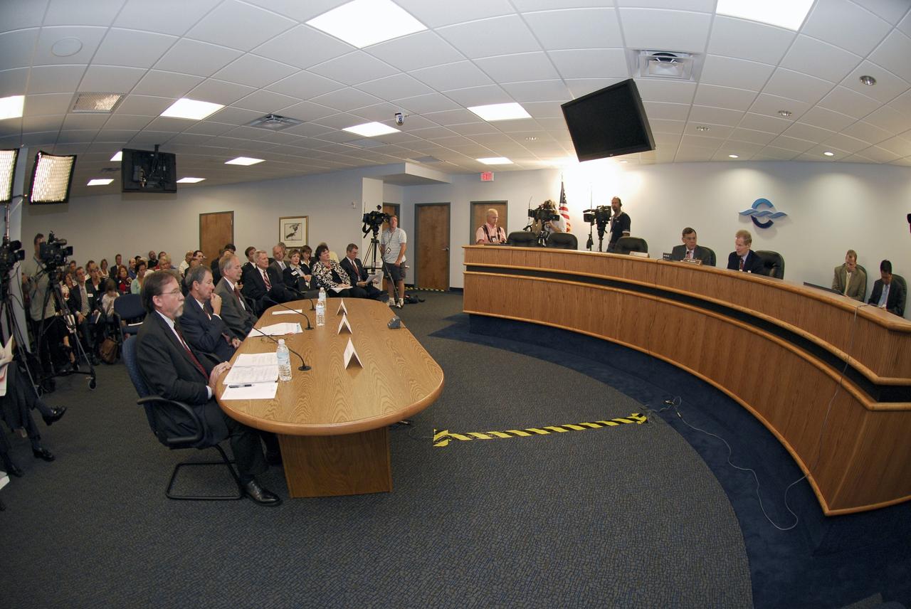 CAPE CANAVERAL, Fla. – A Senate field hearing held at the Canaveral Port Authority and chaired by Florida Sen. Bill Nelson (third from right on the dais) focuses on workforce related challenges at NASA's Kennedy Space Center and potential solutions to mitigate the transition's effects on the community. The hearing examined issues surrounding the retirement of the space shuttle and the transition to the new Orion/Ares system. At Nelson's right is Florida Sen. Mel Martinez. Seated at left are NASA representatives Deputy Associate Administrator of Exploration Systems Doug Cooke, Administrator Michael Griffin and Associate Administrator of Space Operations William Gerstenmaier. Photo credit: NASA/Kim Shiflett