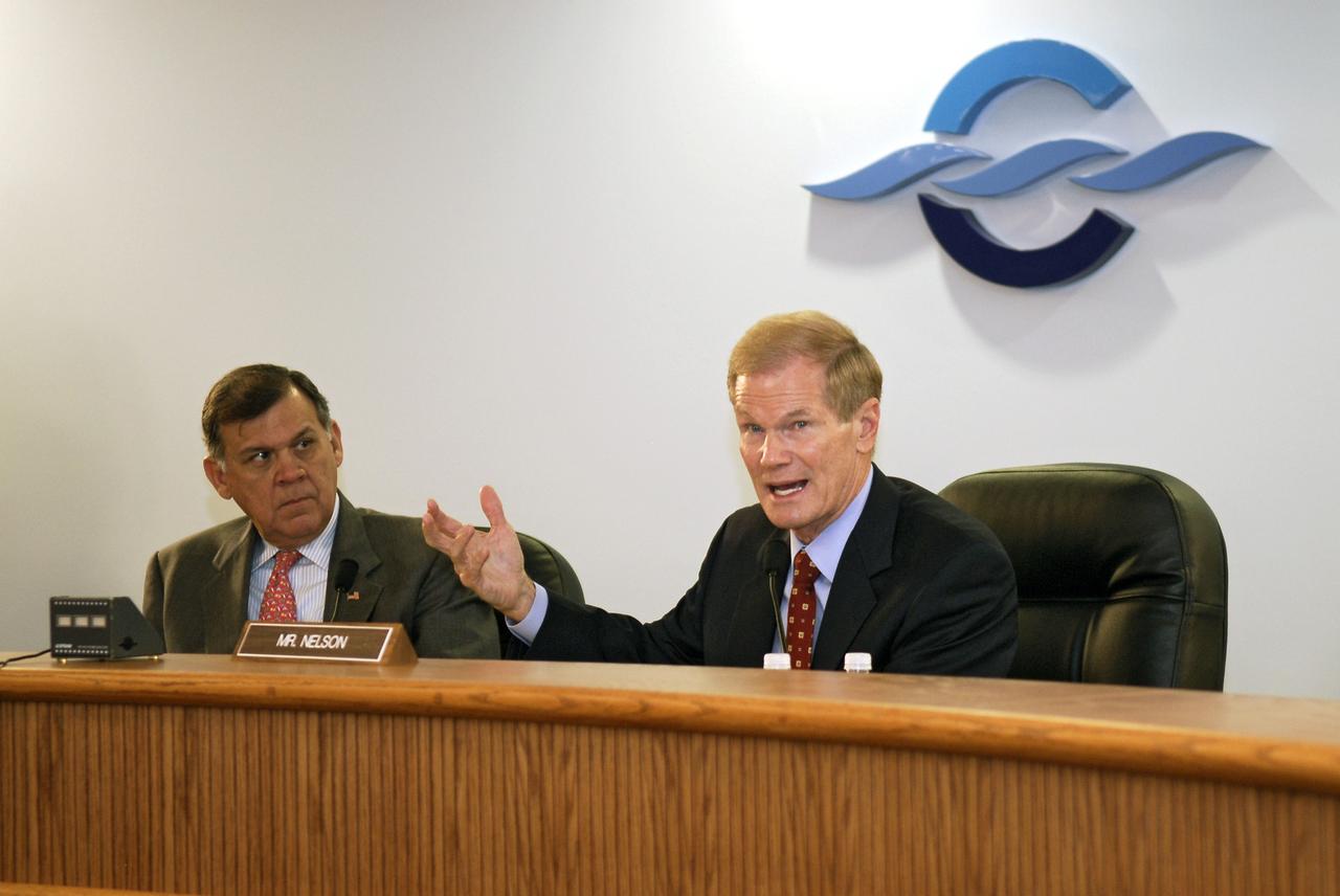 CAPE CANAVERAL, Fla. – A Senate field hearing held at the Canaveral Port Authority and chaired by Florida Sen. Bill Nelson (right) focuses on workforce related challenges at NASA's Kennedy Space Center and potential solutions to mitigate the transition's effects on the community. The hearing examined issues surrounding the retirement of the space shuttle and the transition to the new Orion/Ares system. On the left is Florida Sen. Mel Martinez. NASA was represented by Deputy Associate Administrator of Exploration Systems Doug Cooke, Administrator Michael Griffin and Associate Administrator of Space Operations William Gerstenmaier. Photo credit: NASA/Kim Shiflett