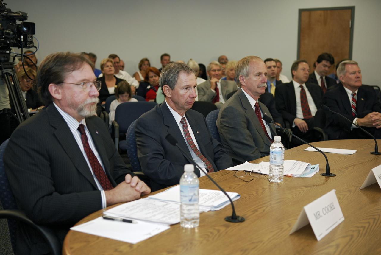CAPE CANAVERAL, Fla. – A Senate field hearing held at the Canaveral Port Authority and chaired by Florida Sen. Bill Nelson (third from right on the dais) focuses on workforce related challenges at NASA's Kennedy Space Center and potential solutions to mitigate the transition's effects on the community. The hearing examined issues surrounding the retirement of the space shuttle and the transition to the new Orion/Ares system. At the table representing NASA are Deputy Associate Administrator of Exploration Systems Doug Cooke, Administrator Michael Griffin and Associate Administrator of Space Operations William Gerstenmaier. Photo credit: NASA/Kim Shiflett