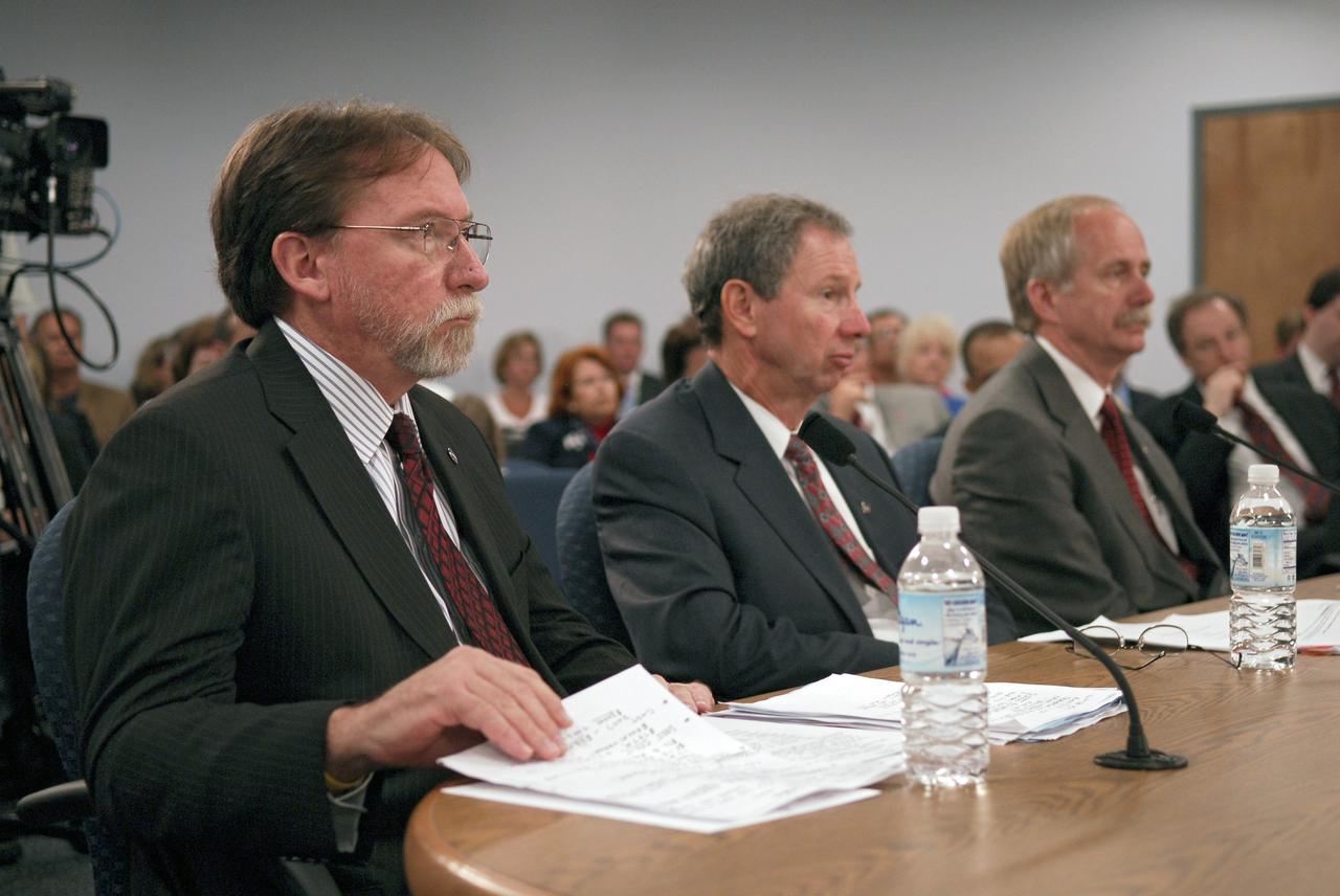 CAPE CANAVERAL, Fla. – A Senate field hearing held at the Canaveral Port Authority and chaired by Florida Sen. Bill Nelson (third from right on the dais) focuses on workforce related challenges at NASA's Kennedy Space Center and potential solutions to mitigate the transition's effects on the community. The hearing examined issues surrounding the retirement of the space shuttle and the transition to the new Orion/Ares system. At the table representing NASA are Deputy Associate Administrator of Exploration Systems Doug Cooke, Administrator Michael Griffin and Associate Administrator of Space Operations William Gerstenmaier. Photo credit: NASA/Kim Shiflett