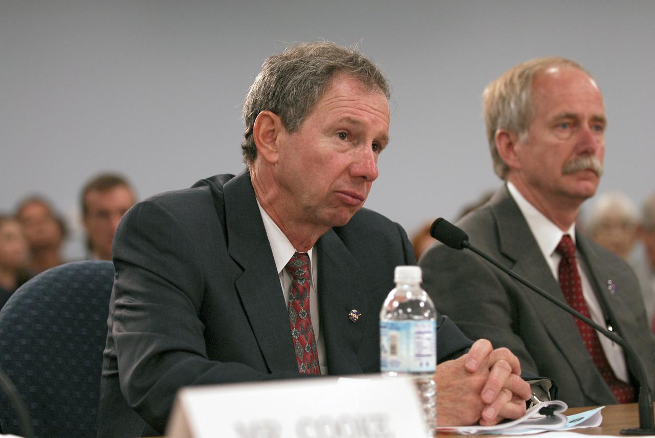 CAPE CANAVERAL, Fla. –  A Senate field hearing held at the Canaveral Port Authority and chaired by Florida Sen. Bill Nelson (third from right on the dais) focuses on workforce related challenges at NASA's Kennedy Space Center and potential solutions to mitigate the transition's effects on the community.  The hearing examined issues surrounding the retirement of the space shuttle and the transition to the new Orion/Ares system. At the table representing NASA are Administrator Michael Griffin and Associate Administrator of Space Operations William Gerstenmaier.  Photo credit: NASA/Kim Shiflett