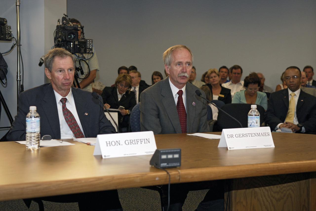 CAPE CANAVERAL, Fla. –  A Senate field hearing held at the Canaveral Port Authority and chaired by Florida Sen. Bill Nelson (third from right on the dais) focuses on workforce related challenges at NASA's Kennedy Space Center and potential solutions to mitigate the transition's effects on the community.  The hearing examined issues surrounding the retirement of the space shuttle and the transition to the new Orion/Ares system.  At the table representing NASA are Administrator Michael Griffin and Associate Administrator of Space Operations William Gerstenmaier.  Photo credit: NASA/Kim Shiflett