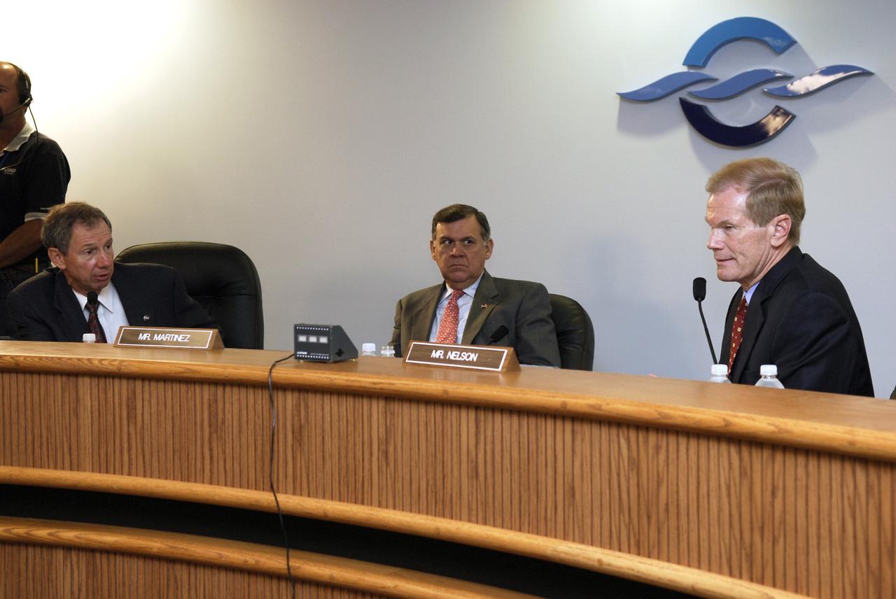 CAPE CANAVERAL, Fla. –  A Senate field hearing held at the Canaveral Port Authority and chaired by Florida Sen. Bill Nelson (right)  focuses on workforce related challenges at NASA's Kennedy Space Center and potential solutions to mitigate the transition's effects on the community.  The hearing examined issues surrounding the retirement of the space shuttle and the transition to the new Orion/Ares system.  At the dais with Nelson are NASA Administrator Michael Griffin (left) and Florida Sen. Mel Martinez (center).  Photo credit: NASA/Kim Shiflett