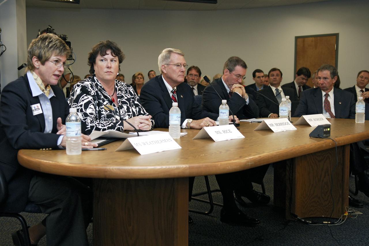 CAPE CANAVERAL, Fla. –  A Senate field hearing held at the Canaveral Port Authority and chaired by Florida Sen. Bill Nelson focuses on workforce related challenges at NASA's Kennedy Space Center and potential solutions to mitigate the transition's effects on the community.  The hearing examined issues surrounding the retirement of the space shuttle and the transition to the new Orion/Ares system. At the table are community representatives Lynda Weatherman, president and CEO of the Economic Development Commission of Florida's Space Coast; Lisa Rice, president of the Brevard Workforce Development Board Inc.; Randy Berridge, president of the Florida High Tech Corridor Council; and Steve Kohler, president of Space Florida.  NASA Administrator Michael Griffin is seated at right.  Photo credit: NASA/Kim Shiflett
