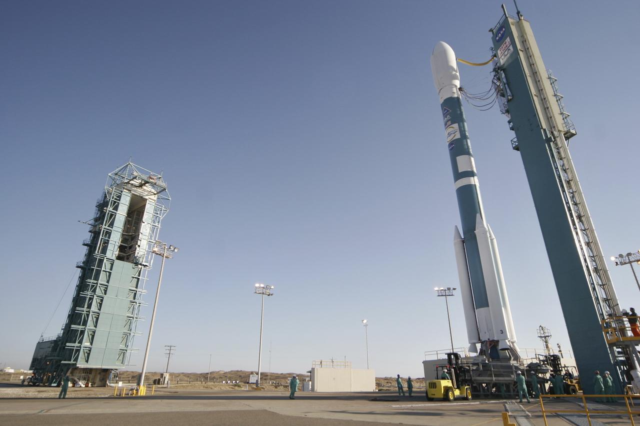 VANDENBERG AIR FORCE BASE, Calif.  –  The Delta II rocket with the Ocean Surface Topography Mission, or OSTM/Jason 2, aboard is poised for launch on Space Launch Complex 2 after rollback of the mobile service tower (at left).   The OSTM/Jason 2 satellite will embark on a globe-circling voyage to continue charting sea level, a vital indicator of global climate change. The mission will return a vast amount of new data that will improve weather, climate and ocean forecasts. OSTM/Jason 2's expected lifetime of at least three years will extend into the next decade the continuous record of these data started in 1992 by NASA and the French space agency Centre National d'Etudes Spatiales, or CNES, with the TOPEX/Poseidon mission. The data collection was continued by the two agencies on Jason-1 in 2001. The launch window extends from 12:46 a.m. to 12:55 a.m. PDT. The satellite will be placed in an 830-mile-high orbit at an inclination of 66 degrees after separating from the Delta II 55 minutes after liftoff. Photo credit: Photograph by Carleton Bailie for United Launch Alliance