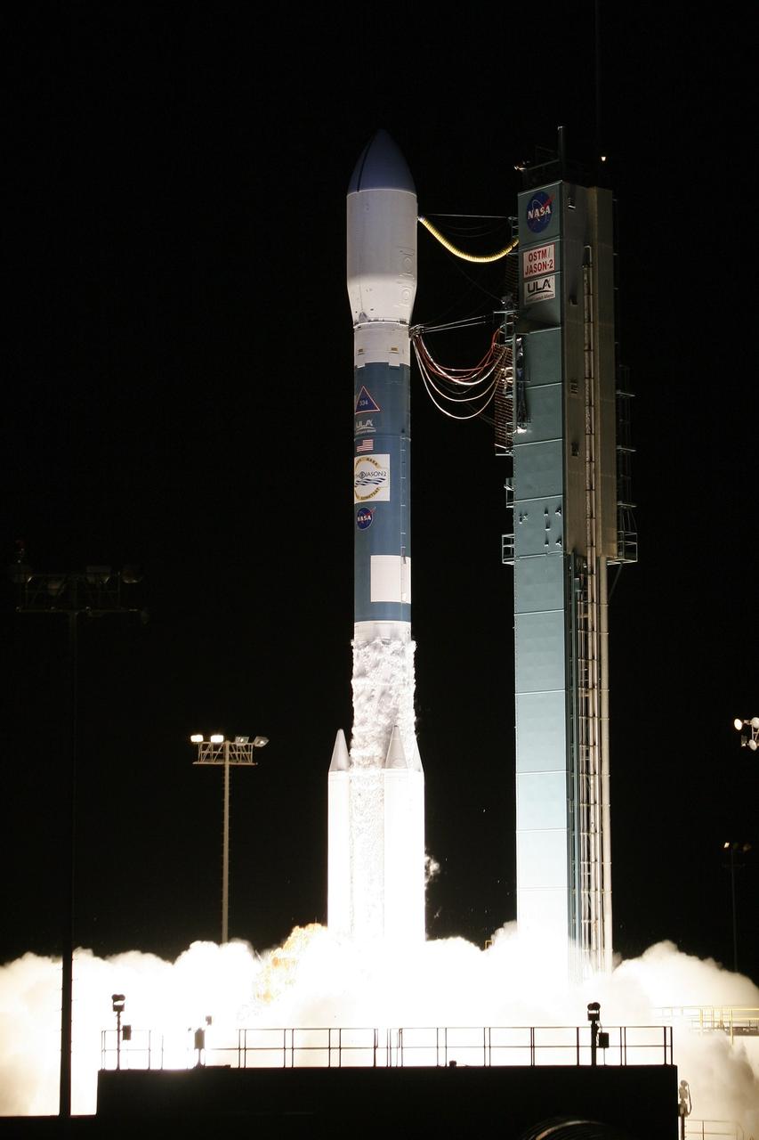 VANDENBERG AIR FORCE BASE, Calif.  –  Fiery clouds light up Space Launch Complex-2 at the liftoff of the Delta II rocket carrying the Ocean Surface Topography Mission, or OSTM/Jason 2, spacecraft.  The OSTM/Jason 2 satellite will embark on a globe-circling voyage to continue charting sea level, a vital indicator of global climate change. The mission will return a vast amount of new data that will improve weather, climate and ocean forecasts. OSTM/Jason 2's expected lifetime of at least three years will extend into the next decade the continuous record of these data started in 1992 by NASA and the French space agency Centre National d'Etudes Spatiales, or CNES, with the TOPEX/Poseidon mission. The data collection was continued by the two agencies on Jason-1 in 2001. The launch window extends from 12:46 a.m. to 12:55 a.m. PDT. The satellite will be placed in an 830-mile-high orbit at an inclination of 66 degrees after separating from the Delta II 55 minutes after liftoff. Photo credit: Photograph by Carleton Bailie for United Launch Alliance