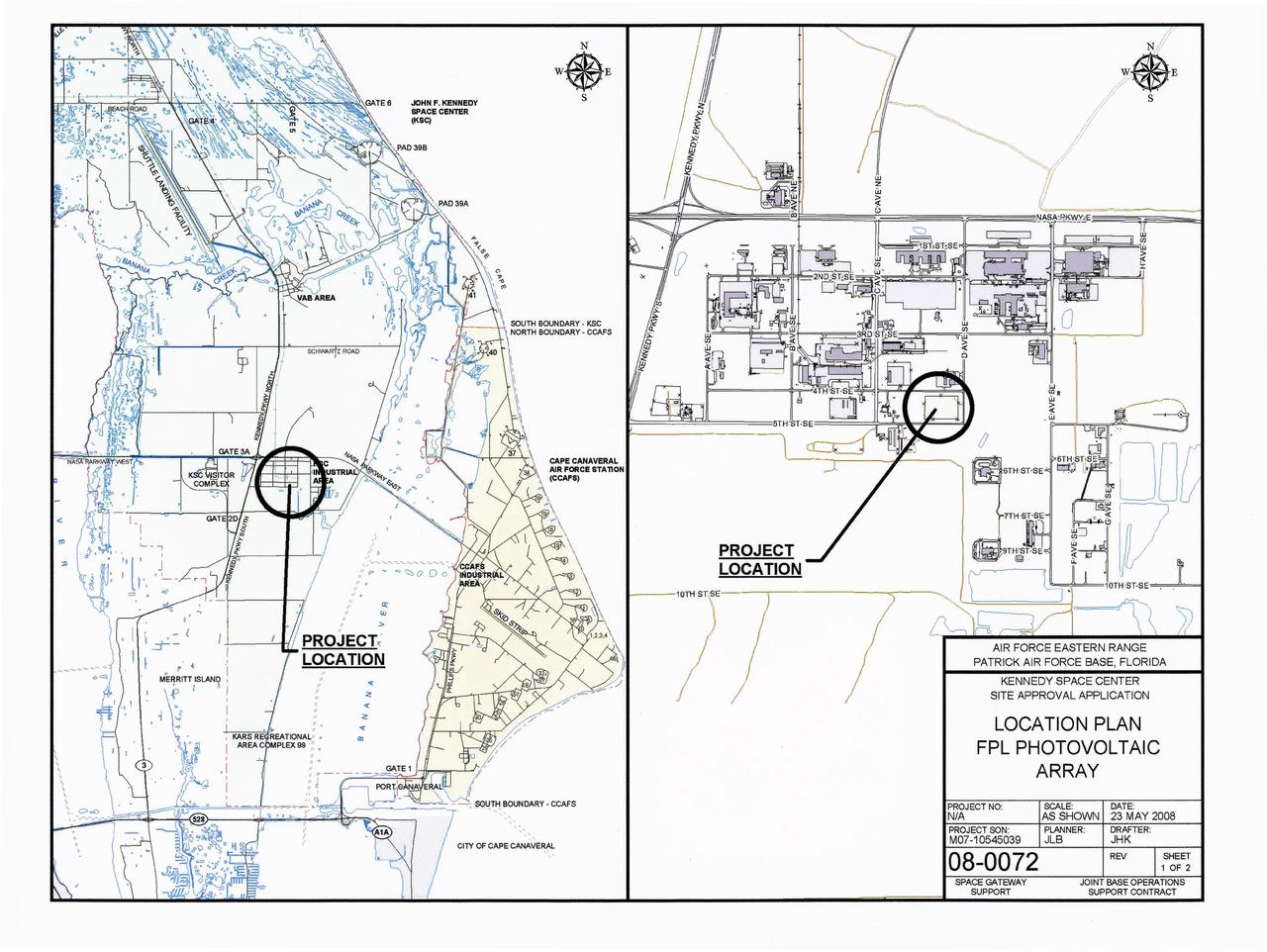 CAPE CANAVERAL, Fla.  –  This map shows the two sites within NASA's Kennedy Space Center where a solar photovoltaic power generation system will be built as the result of an agreement between NASA and Florida Power & Light. The agreement is part of a new initiative that will cut reliance on fossil fuels and improve the environment by reducing greenhouse gas emissions.  The major facility will produce an estimated 10 megawatts of electrical power, which can serve roughly 3,000 homes.  A separate one-megawatt solar power facility will support the electrical needs of the center.
