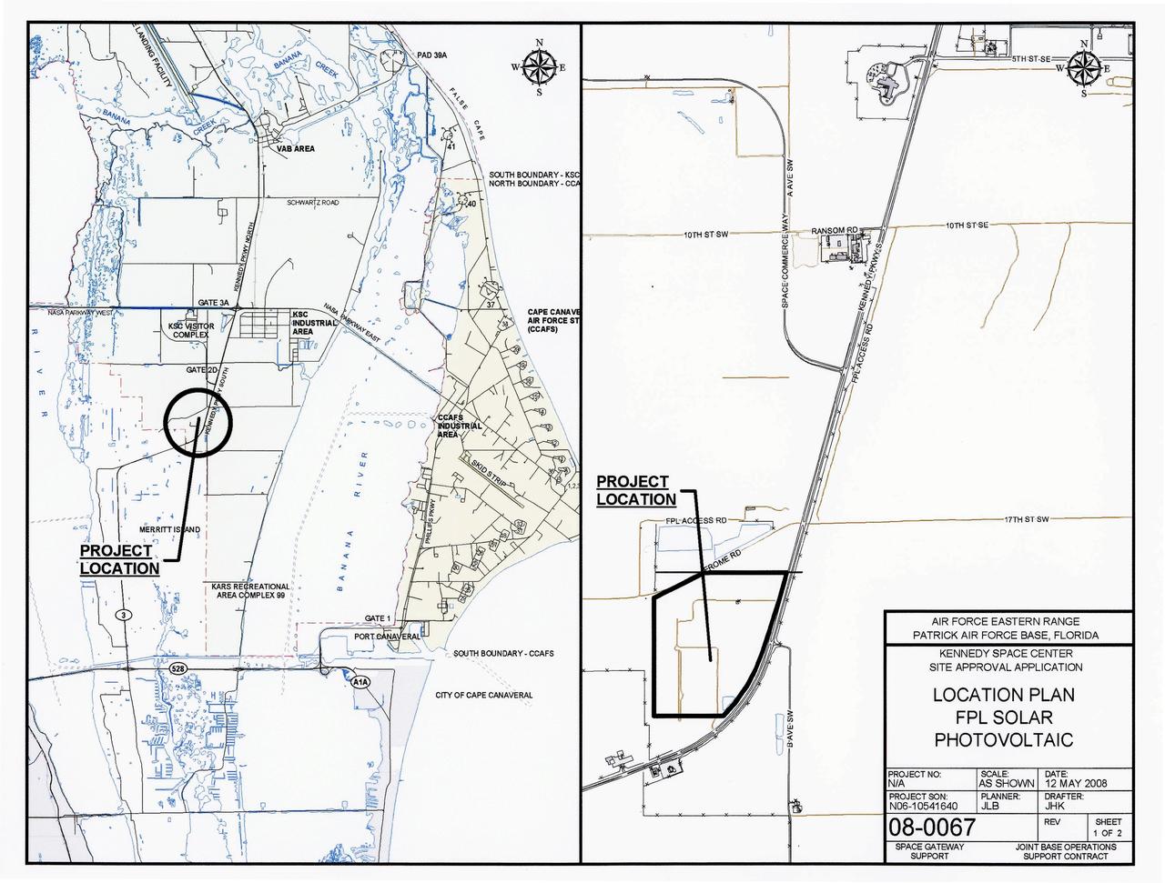 CAPE CANAVERAL, Fla.  –   This map shows the two sites within NASA's Kennedy Space Center where a solar photovoltaic power generation system will be built as the result of an agreement between NASA and Florida Power & Light.  The agreement is part of a new initiative that will cut reliance on fossil fuels and improve the environment by reducing greenhouse gas emissions.  The major facility will produce an estimated 10 megawatts of electrical power, which can serve roughly 3,000 homes.  A separate one-megawatt solar power facility will support the electrical needs of the center.