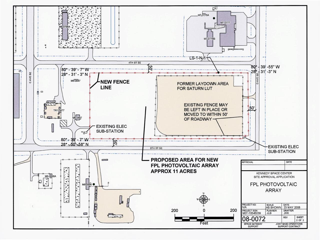 CAPE CANAVERAL, Fla.  –   This map shows the area within NASA's Kennedy Space Center where one of the two solar photovoltaic power generation systems will be built as the result of an agreement between NASA and Florida Power & Light.  The agreement is part of a new initiative that will cut reliance on fossil fuels and improve the environment by reducing greenhouse gas emissions.  The major facility will produce an estimated 10 megawatts of electrical power, which can serve roughly 3,000 homes.  A separate one-megawatt solar power facility will support the electrical needs of the center.