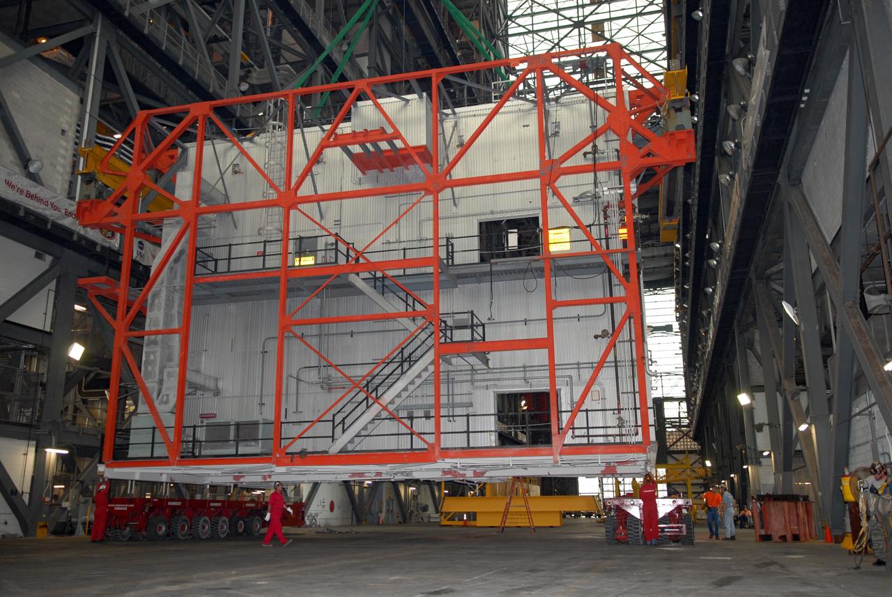 CAPE CANAVERAL, Fla. – In the Vehicle Assembly Building, or VAB, at NASA's Kennedy Space Center, Platform C is being moved from high bay 3 to allow refurbishment of the facility for the Constellation Program's Ares 1-X vehicle. The platform will be removed from the VAB and demolished. Photo credit: NASA/Amanda Diller
