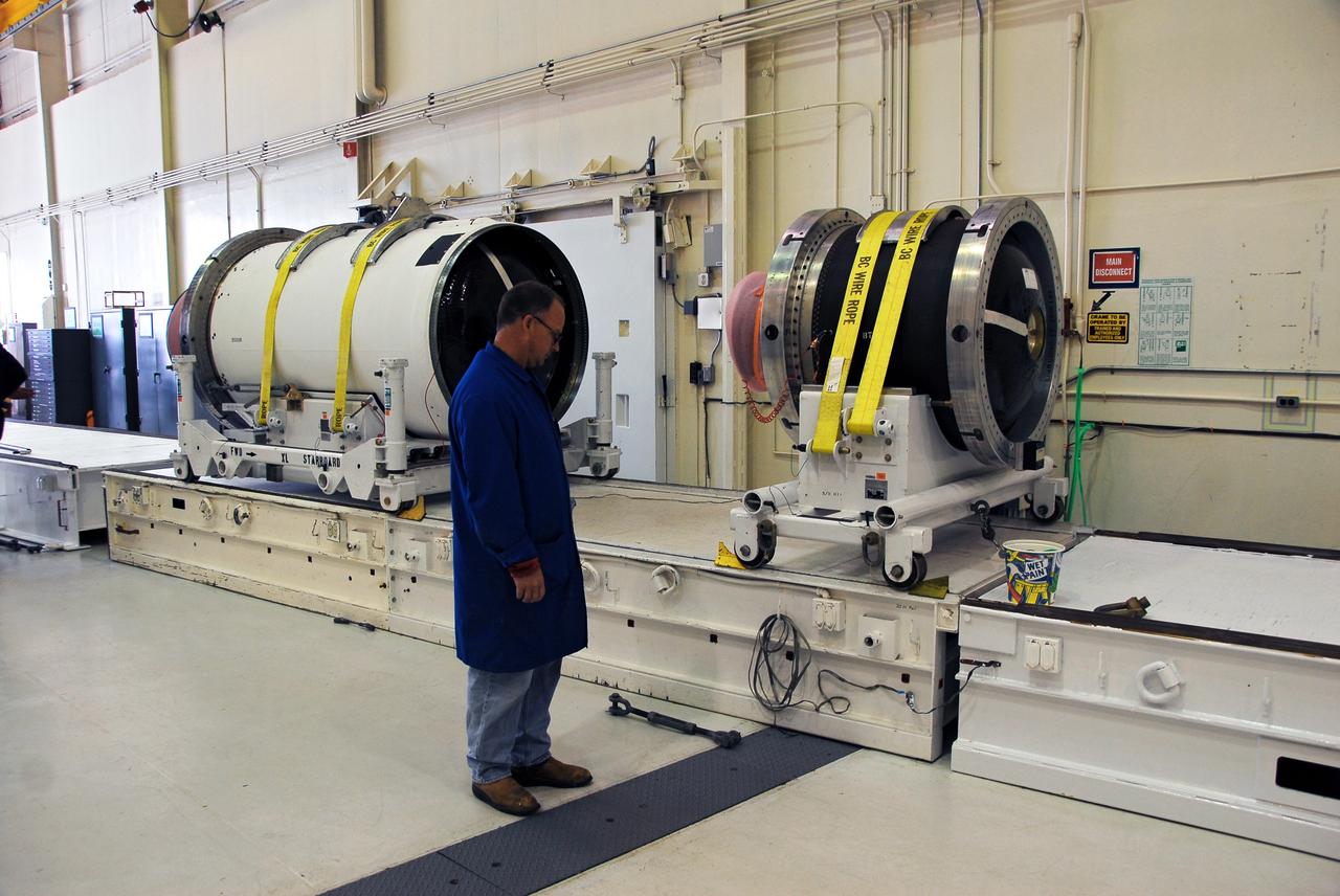 VANDENBERG AIR FORCE BASE, Calif. -- In Building 1555's west bay at Vandenberg AFB, the third and second stages of the Taurus rocket rest on the stationary rails. The Taurus will launch the Orbiting Carbon Observatory, or OCO, in 2009. The OCO is a new Earth-orbiting mission sponsored by NASA's Earth System Science Pathfinder Program. Photo credit: NASA/Randy Beaudoin