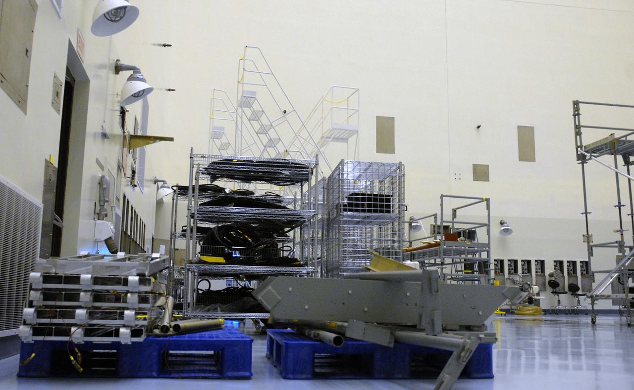 CAPE CANAVERAL, Fla. – In the Payload Hazardous Servicing Facility at NASA's Kennedy Space Center, equipment is stacked for the flight support system (FSS) access scaffolding that will be used to prepare the Hubble Space Telescope, or HST, carriers for the STS-125 servicing mission 4. The FSS will berth, secure and furnish power to Hubble and also contains the soft capture mechanism to be attached to the telescope. Upon completion of STS-125, the Hubble will provide even deeper and more detailed views of the Universe. The STS-125 mission will be the final space shuttle mission to the Hubble Space Telescope. Photo credit: NASA/Jack Pfaller