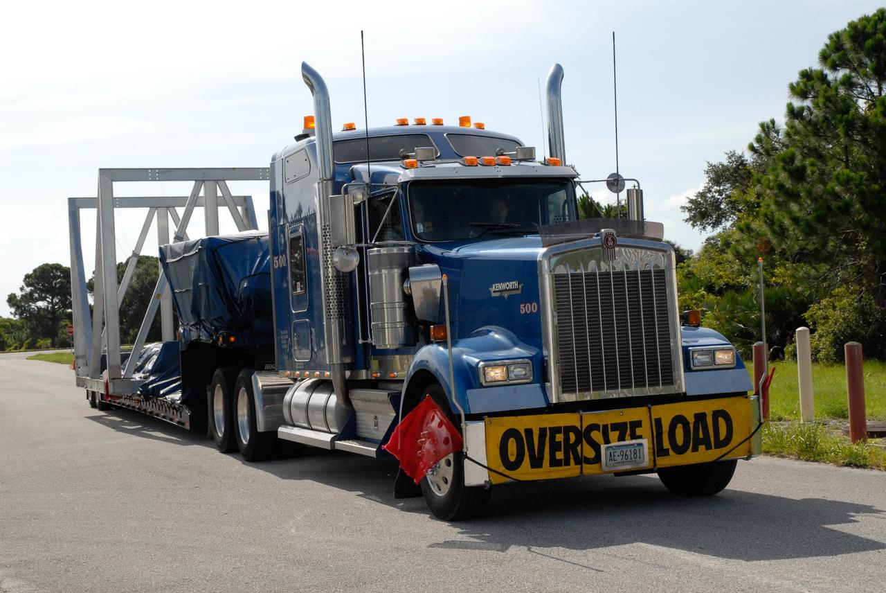 CAPE CANAVERAL, Fla. – The thermal vacuum fixture arrives at NASA's Kennedy Space Center. The fixture will be used to hold the carrier and flight support system for the STS-125 Hubble Space Telescope Servicing Mission 4. Space shuttle Atlantis is targeted to launch on the STS-125 mission Oct. 8. The mission crew will perform history-making, on-orbit “surgery” on two important science instruments aboard the telescope. After capturing the telescope, two teams of spacewalking astronauts will perform the repairs during five planned spacewalks. Photo credit: NASA/Jack Pfaller
