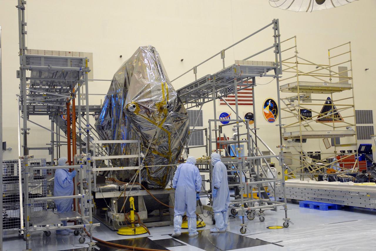 CAPE CANAVERAL, Fla. –  In the Payload Hazardous Servicing Facility, the flight support system carrier for the STS-125 Hubble Servicing Mission has been moved to scaffolding.  The carrier will hold the equipment in space shuttle Atlantis’ payload bay. This and other carriers will be prepared for the integration of telescope science instruments, both internal and external replacement components, as well as the flight support equipment to be used by the astronauts during the servicing mission.  The three payload carriers are the Flight Support System, the Super Lightweight Interchangeable Carrier and the Orbital Replacement Unit Carrier.  At the end of July, a fourth and final carrier, the Multi-Use Lightweight Equipment carrier will join the others in the Payload Hazardous Servicing Facility where the Hubble payload is being prepared for the targeted Oct . 8 launch.  Photo credit: NASA/Jack Pfaller