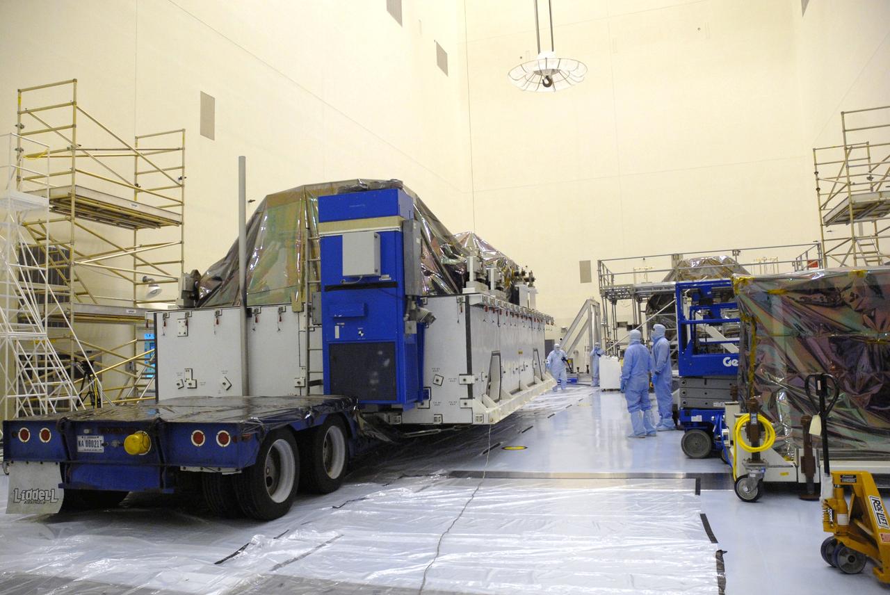 CAPE CANAVERAL, Fla. –  In the Payload Hazardous Servicing Facility at NASA's Kennedy Space Center, the second shipment of hardware for space shuttle Atlantis' STS-125 mission to NASA's Hubble Space Telescope waits for removal in the high bay. The container holds the Super Lightweight Interchangeable Carrier, or SLIC, and the Orbital Replacement Unit Carrier, or ORUC. Another payload carrier, the Flight Support System, has already been delivered,  and the Multi-Use Lightweight Equipment carrier will be delivered in late July. The carriers will be prepared for the integration of telescope science instruments, both internal and external replacement components, as well as the flight support equipment to be used by the astronauts during the Hubble servicing mission, targeted for launch Oct. 8.  Photo credit: NASA/Jack Pfaller
