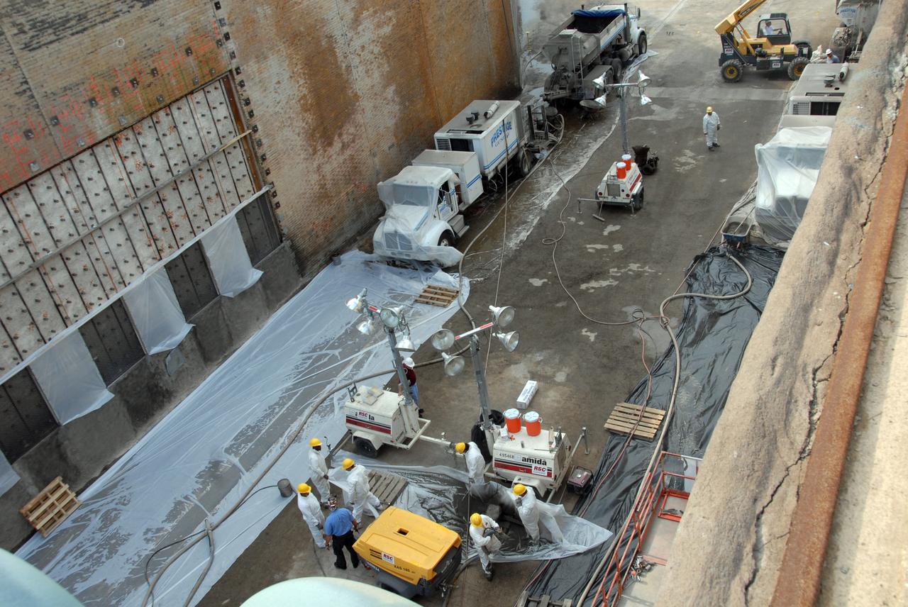 CAPE CANAVERAL, Fla. – This elevated view of Launch Pad 39A at NASA's Kennedy Space Center shows the steel grid structures, welded to the wall of the flame trench, which workers will be filling with a heat-resistant concrete called Fondue Fyre, developed during NASA's Apollo lunar program. Damage to the trench occurred during the May 31 launch of Discovery on the STS-124 mission. A 75- by 20-foot section of the east wall was destroyed and debris scattered as far as the pad perimeter fence. Repairs are expected to be completed before the targeted Oct. 8 launch of Atlantis on the NASA Hubble Space Telescope servicing mission. Photo credit: NASA/Jack Pfaller
