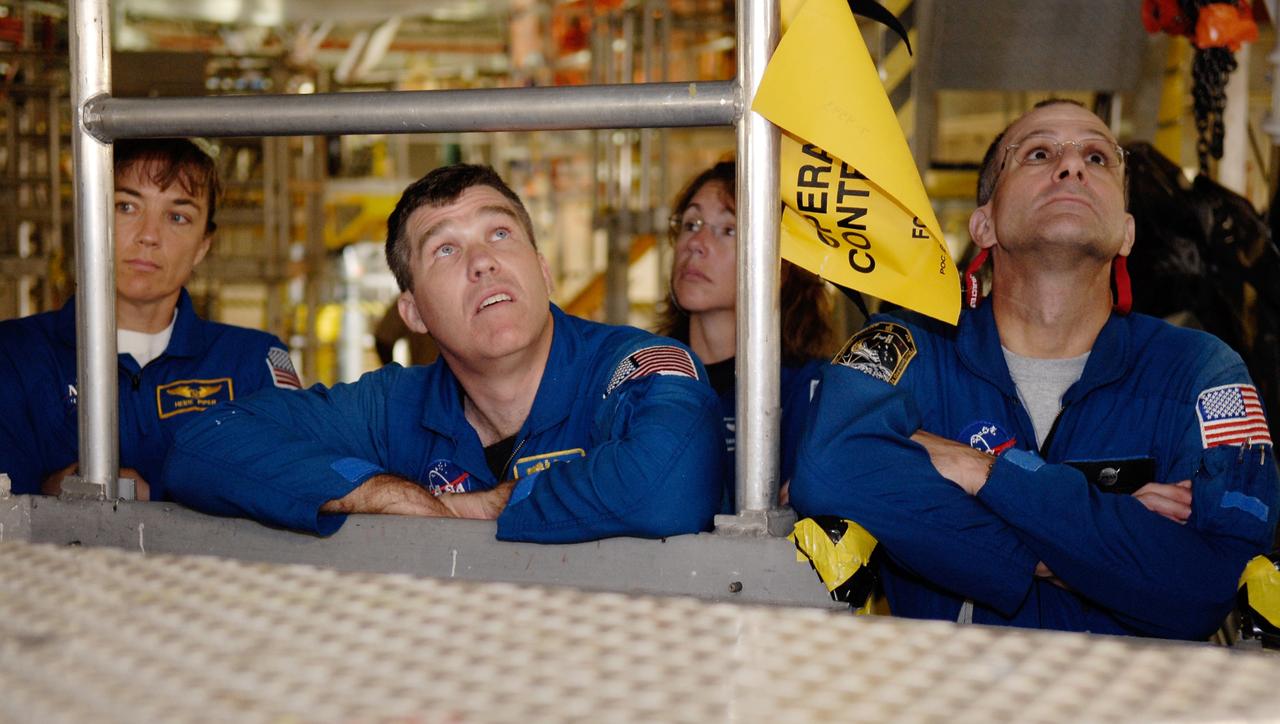 CAPE CANAVERAL, Fla. – In Orbiter Processing Facility 2 at NASA's Kennedy Space Center, members of space shuttle Endeavour's STS-126 crew participate in a crew equipment interface test, or CEIT. From left are Mission Specialists Heidemarie Stefanyshyn-Piper and Steve Bowen, International Space Station Expedition 18 flight engineer Sandra Magnus and Mission Specialist Donald Pettit. The CEIT provides hands-on experience with hardware and equipment slated to fly on their mission. Endeavour will deliver a multi-purpose logistics module to the International Space Station on the STS-126 mission. Launch is targeted for Nov. 10. Photo credit: NASA/Kim Shiflett