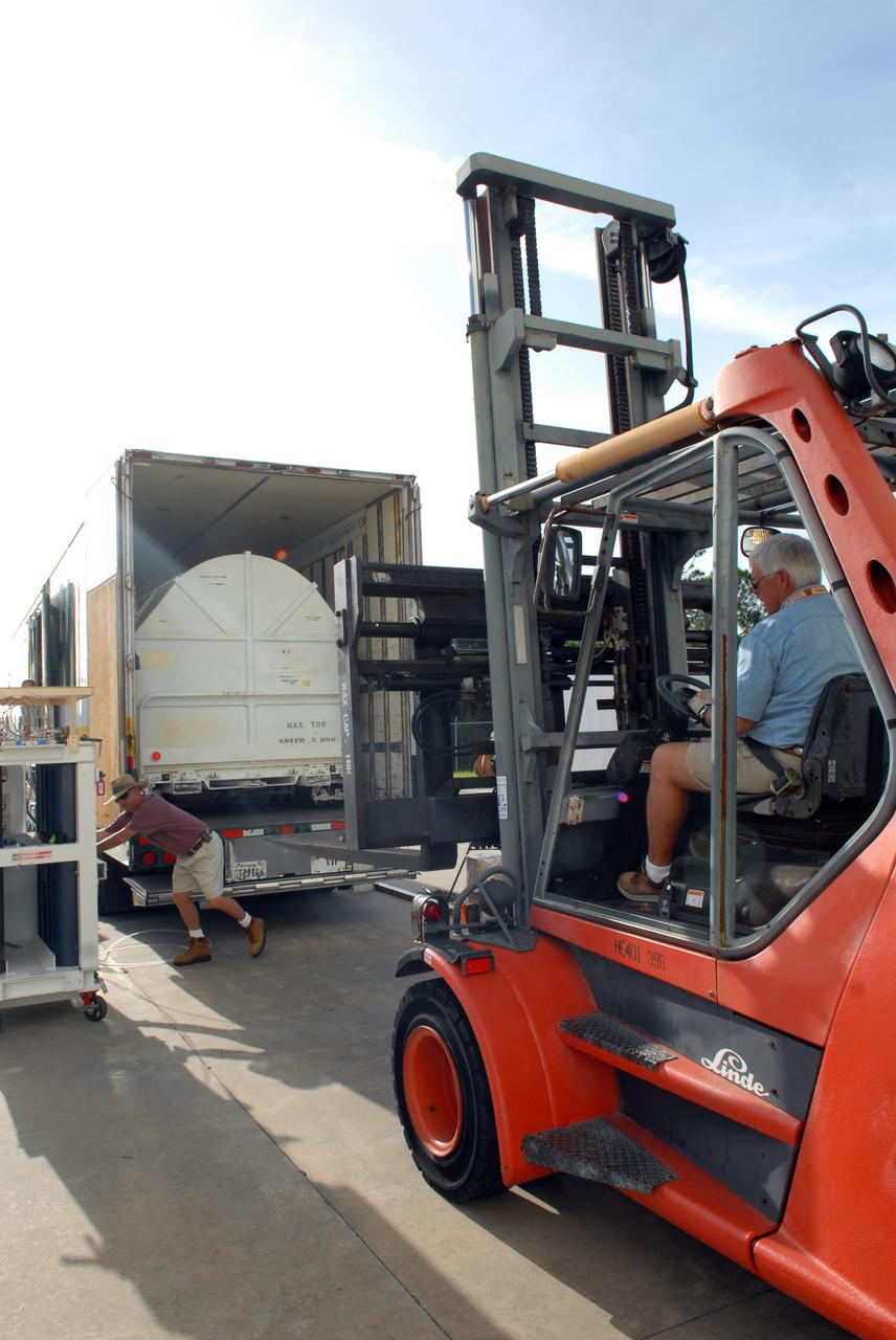 CAPE CANAVERAL, Fla. –  The Fine Guidance Sensor, or FGS, arrives at NASA's Kennedy Space Center for the STS-125 mission.  The FGS will be integrated onto the Orbital Replacement Unit carrier in the clean room of the Payload Hazardous Servicing Facility. The sensor will extend the life of the pointing control system on the Hubble Space Telescope. On the mission, this FGS will replace one of the three sensors that is failing and thus outfit the telescope with two completely healthy units, which are needed.  A third, older FGS aboard the telescope will provide additional target-pointing efficiency and redundancy.  Space shuttle Atlantis is targeted to launch on the STS-125 mission Oct. 8.  Photo credit: NASA/Jack Pfaller