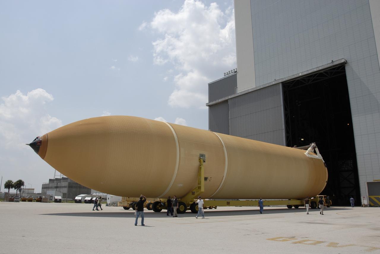 CAPE CANAVERAL, Fla. – The external fuel tank for space shuttle Endeavour's STS-126 mission to the International Space Station heads through the open door of the Vehicle Assembly Building at NASA's Kennedy Space Center. The tank arrived earlier after a six-day ocean voyage towed by a solid rocket booster retrieval ship from the Michoud Assembly Facility near New Orleans. The tank will be moved into the VAB transfer aisle, lifted and lowered into a checkout cell. The STS-126 mission will deliver a Multi-Purpose Logistics Module to the International Space Station. Launch is targeted for Nov. 10. Photo credit: NASA/Kim Shiflett