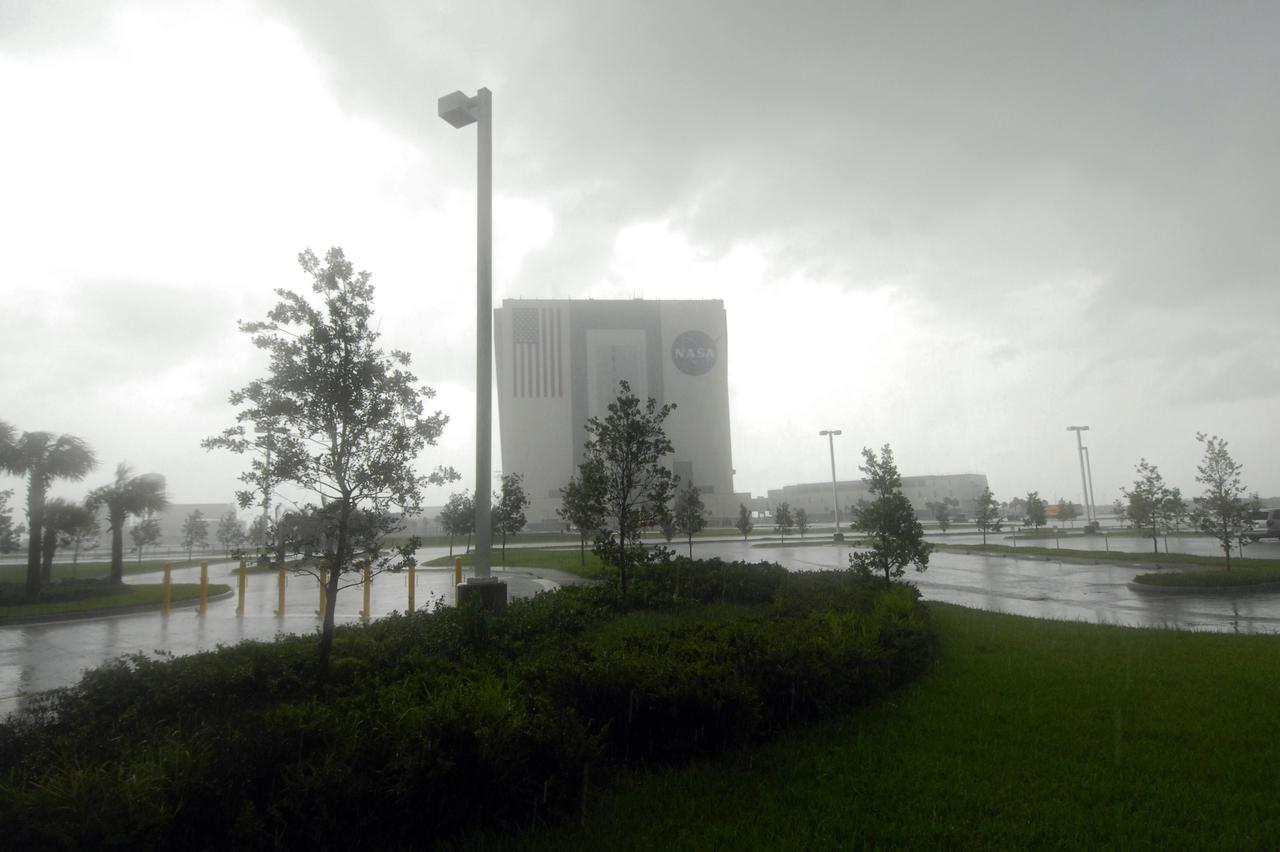 CAPE CANAVERAL, Fla. – Wind and rain from Tropical Storm Fay pummel the area near the Vehicle Assembly Building at NASA's Kennedy Space Center. The storm passed over the center Aug. 20 and then stalled offshore, bringing with it heavy rain and tropical storm force wind. Kennedy closed Aug. 19 because of Fay and reopened for normal operations Aug. 22. Based on initial assessments, there was no damage to space flight hardware, such as the space shuttles and Hubble Space Telescope equipment. Some facilities did sustain minor damage. Photo credit: NASA/Jack Pfaller