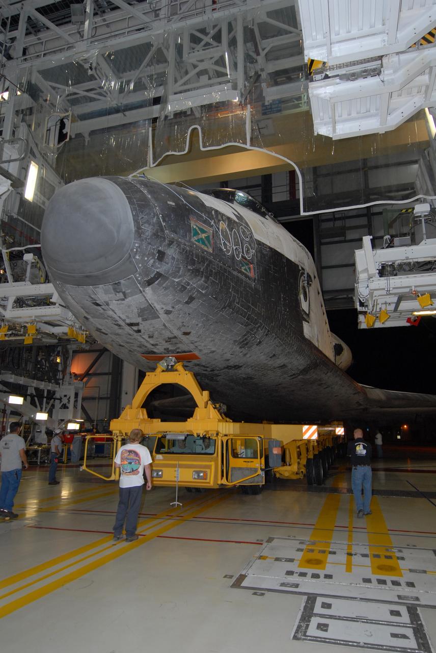 CAPE CANAVERAL, Fla. – Space shuttle Atlantis is ready to roll out of the Orbiter Processing Facility bay 1 at NASA's Kennedy Space Center for transfer to the Vehicle Assembly Building. In the VAB, Atlantis will be attached to its external fuel tank and twin solid rocket boosters. After additional preparations are made, the shuttle will be rolled out to Launch Pad 39A to prepare for launch on the STS-125 mission targeted for Oct. 8. Photo credit: NASA/Jack Pfaller