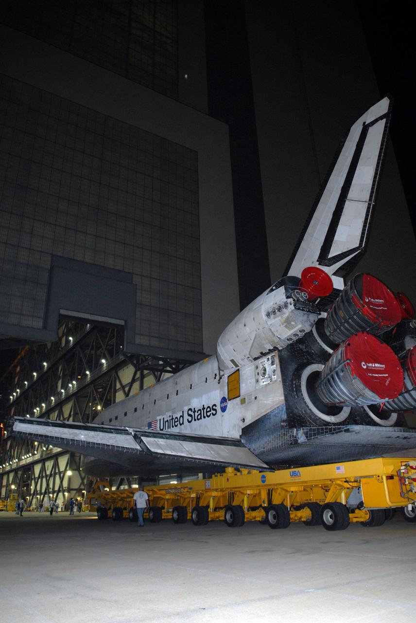 CAPE CANAVERAL, Fla. – Space shuttle Atlantis rolls into the Vehicle Assembly Building at NASA's Kennedy Space Center. The shuttle arrived in the VAB by 11:05 p.m. EDT. Atlantis will next be attached to its external fuel tank and twin solid rocket boosters. After additional preparations are made, the shuttle will be rolled out to Launch Pad 39A to prepare for launch on the STS-125 mission targeted for Oct. 8. Photo credit: NASA/Jack Pfaller