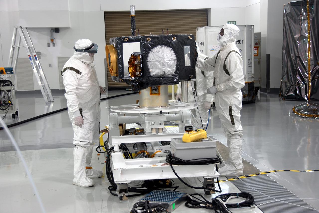 VANDENBERG AIR FORCE BASE, Calif. - At Vandenberg Air Force Base in California, NASA's Interstellar Boundary Explorer, or IBEX, spacecraft is ready for spin balance testing. The IBEX satellite will make the first map of the boundary between the Solar System and interstellar space. IBEX is the first mission designed to detect the edge of the Solar System. As the solar wind from the sun flows out beyond Pluto, it collides with the material between the stars, forming a shock front. IBEX contains two neutral atom imagers designed to detect particles from the termination shock at the boundary between the Solar System and interstellar space. IBEX also will study galactic cosmic rays, energetic particles from beyond the Solar System that pose a health and safety hazard for humans exploring beyond Earth orbit. IBEX will make these observations from a highly elliptical orbit that takes it beyond the interference of the Earth's magnetosphere. IBEX is targeted for launch from a Pegasus XL rocket on Oct. 5. Photo credit: NASA/VAFB