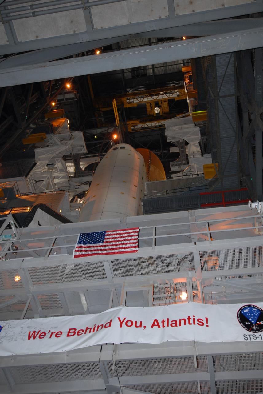 CAPE CANAVERAL, Fla. – Space shuttle Atlantis stands ready in the Vehicle Assembly Building at NASA’s Kennedy Space Center for the pending rollout to Launch Pad 39A. The Sept. 2 rollout date was postponed due to Tropical Storm Hanna’s shift to a northern track.  Managers are closely following Hanna to determine when would be the best time this week to move space shuttle Atlantis to its launch pad. The tentative rollout time is 10 a.m. Sept. 4, depending on the track Hanna follows along the Florida coast. Atlantis is scheduled to launch on the STS-125 mission to service NASA’s Hubble Space Telescope.  Launch is targeted for Oct. 8.   Photo credit: NASA/Jack Pfaller
