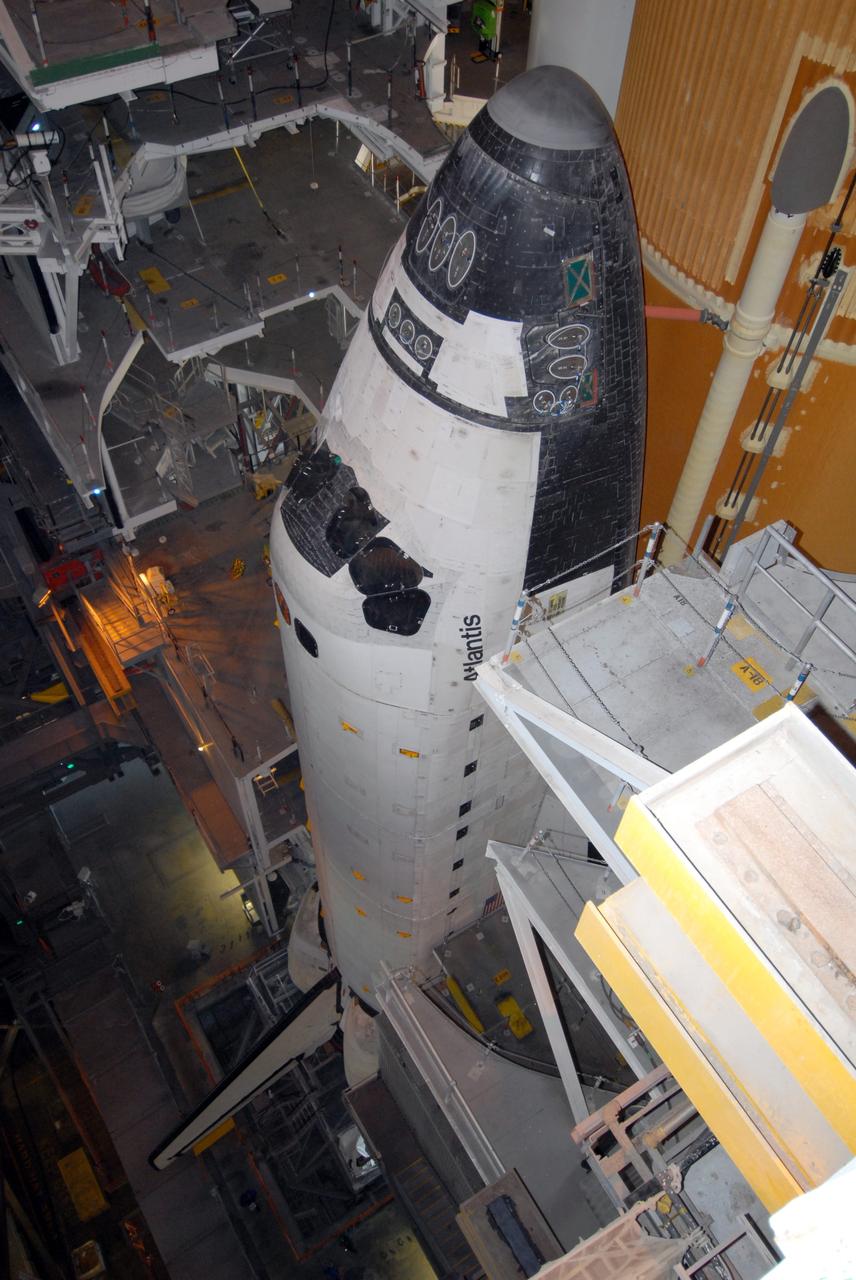 CAPE CANAVERAL, Fla. – Space shuttle Atlantis stands ready in the Vehicle Assembly Building at NASA’s Kennedy Space Center for the pending rollout to Launch Pad 39A. Visible at right behind Atlantis is the external fuel tank. The Sept. 2 rollout date was postponed due to Tropical Storm Hanna’s shift to a northern track.  Managers are closely following Hanna to determine when would be the best time this week to move space shuttle Atlantis to its launch pad. The tentative rollout time is 10 a.m. Sept. 4, depending on the track Hanna follows along the Florida coast. Atlantis is scheduled to launch on the STS-125 mission to service NASA’s Hubble Space Telescope.  Launch is targeted for Oct. 8.   Photo credit: NASA/Jack Pfaller