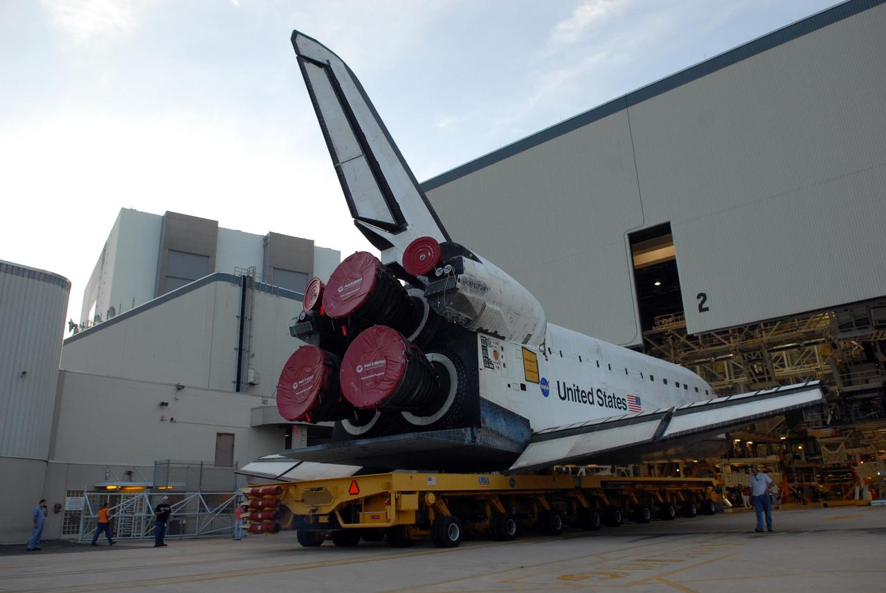 CAPE CANAVERAL, Fla. – Space shuttle Endeavour rolls out of Orbiter Processing Facility 2 to head to the Vehicle Assembly Building at NASA's Kennedy Space Center. First motion was 7:01 a.m. EDT. In the VAB, Endeavour will be attached to its external fuel tank and twin solid rocket boosters. After additional preparations are made, the shuttle will be rolled out to Launch Pad 39B. Endeavour is the backup shuttle, if needed for rescue, for space shuttle Atlantis’ STS-125 mission to NASA’s Hubble Space Telescope targeted for October. Photo credit: NASA/Troy Cryder
