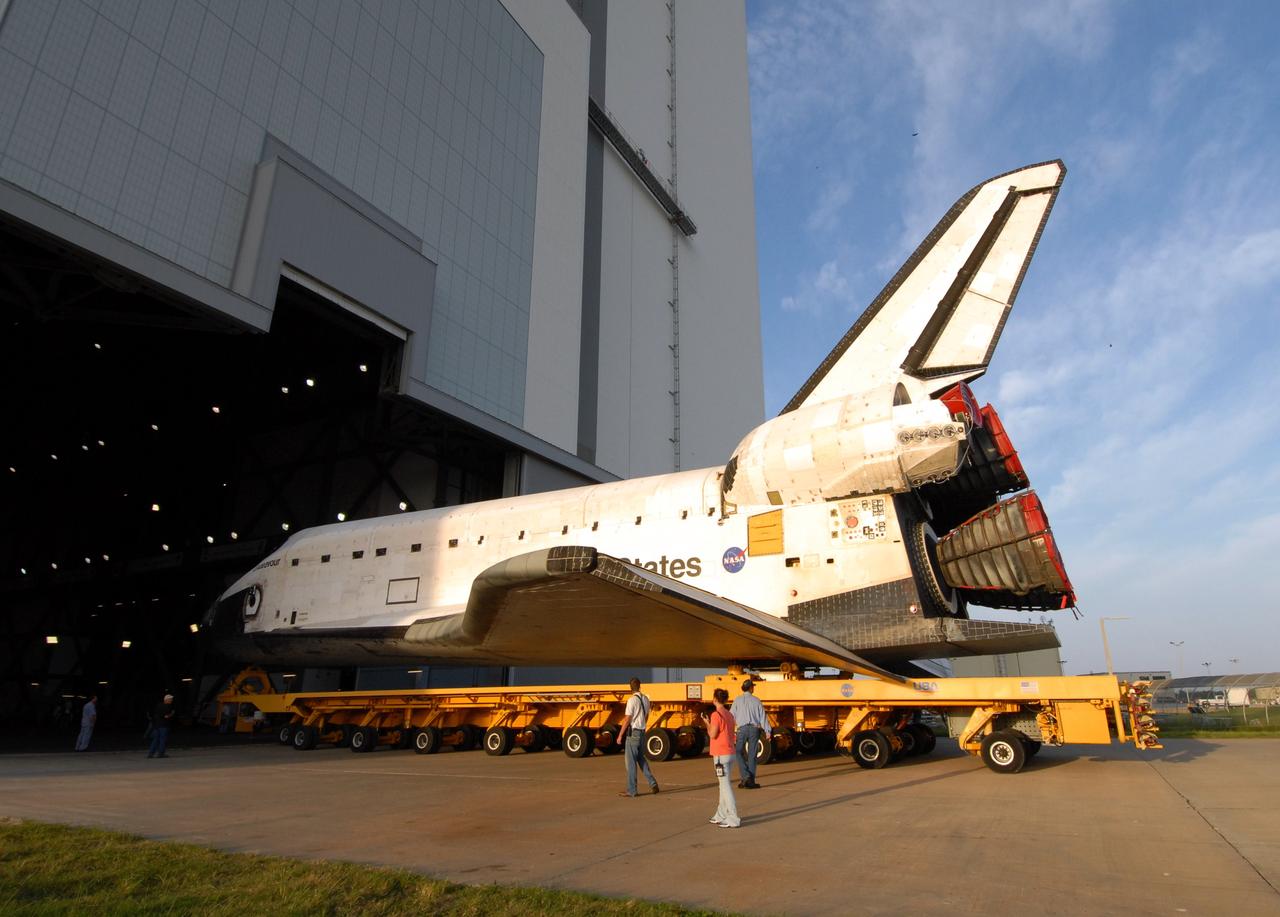 CAPE CANAVERAL, Fla. – After rolling out of Orbiter Processing Facility 2, space shuttle Endeavour rolls through the open doors of the Vehicle Assembly Building at NASA's Kennedy Space Center. In the VAB, Endeavour will be attached to its external fuel tank and twin solid rocket boosters. After additional preparations are made, the shuttle will be rolled out to Launch Pad 39B. Endeavour is the backup shuttle, if needed for rescue, for space shuttle Atlantis’ STS-125 mission to NASA’s Hubble Space Telescope targeted for October. Photo credit: NASA/Troy Cryder