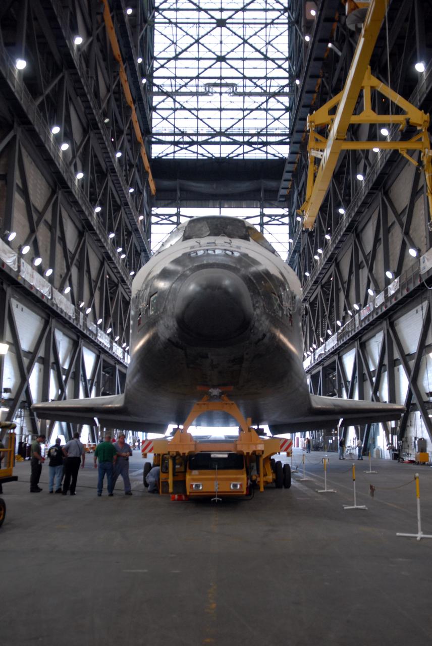 CAPE CANAVERAL, Fla. – After a short journey from Orbiter Processing Facility 2, space shuttle Endeavour is parked in the transfer aisle of the Vehicle Assembly Building at NASA's Kennedy Space Center. In the VAB, Endeavour will be attached to its external fuel tank and twin solid rocket boosters. After additional preparations are made, the shuttle will be rolled out to Launch Pad 39B. Endeavour is the backup shuttle, if needed for rescue, for space shuttle Atlantis’ STS-125 mission to NASA’s Hubble Space Telescope targeted for October. Photo credit: NASA/Troy Cryder