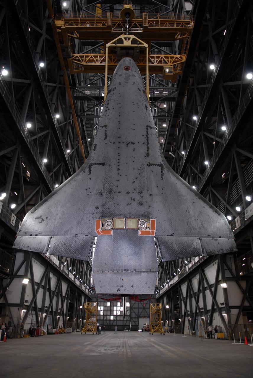 CAPE CANAVERAL, Fla. - Space shuttle Endeavour is suspended over the transfer aisle of the Vehicle Assembly Building at NASA’s Kennedy Space Center. The shuttle will be lifted into high bay 1 for mating with its external fuel tank and solid rocket boosters. After additional preparations are made, the shuttle will be rolled out to Launch Pad 39B. Endeavour is designated the rescue spacecraft for space shuttle Atlantis’ STS-125 mission to NASA’s Hubble Space Telescope, targeted for October. After Atlantis has safely returned from its flight, Endeavour will be moved to Launch Pad 39A for its STS-126 mission to the International Space Station, targeted for November. Photo credit: NASA/Kim Shiflett