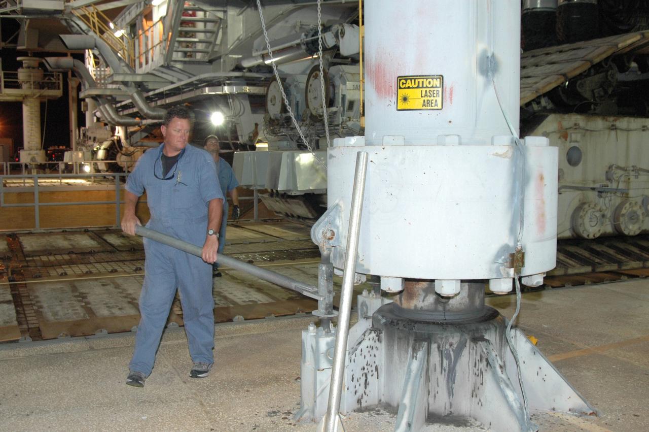 CAPE CANAVERAL, Fla. - After rollout from the Vehicle Assembly Building at NASA's Kennedy Space Center, space shuttle Endeavour is being secured on the launch pad. First motion was at 11:15 p.m. Sept. 18. Endeavour completed the 4.2-mile journey to Launch Pad 39B on Sept. 19 at 6:59 a.m. EDT. For the first time since July 2001, two shuttles are on the launch pads at the same time at the center. Endeavour will stand by at pad B in the unlikely event that a rescue mission is necessary during space shuttle Atlantis' upcoming mission to repair NASA's Hubble Space Telescope, targeted to launch Oct. 10. After Endeavour is cleared from its duty as a rescue spacecraft, it will be moved to Launch Pad 39A for the STS-126 mission to the International Space Station. That flight is targeted for launch Nov. 12. Photo credit: NASA/Dimitri Gerondidakis