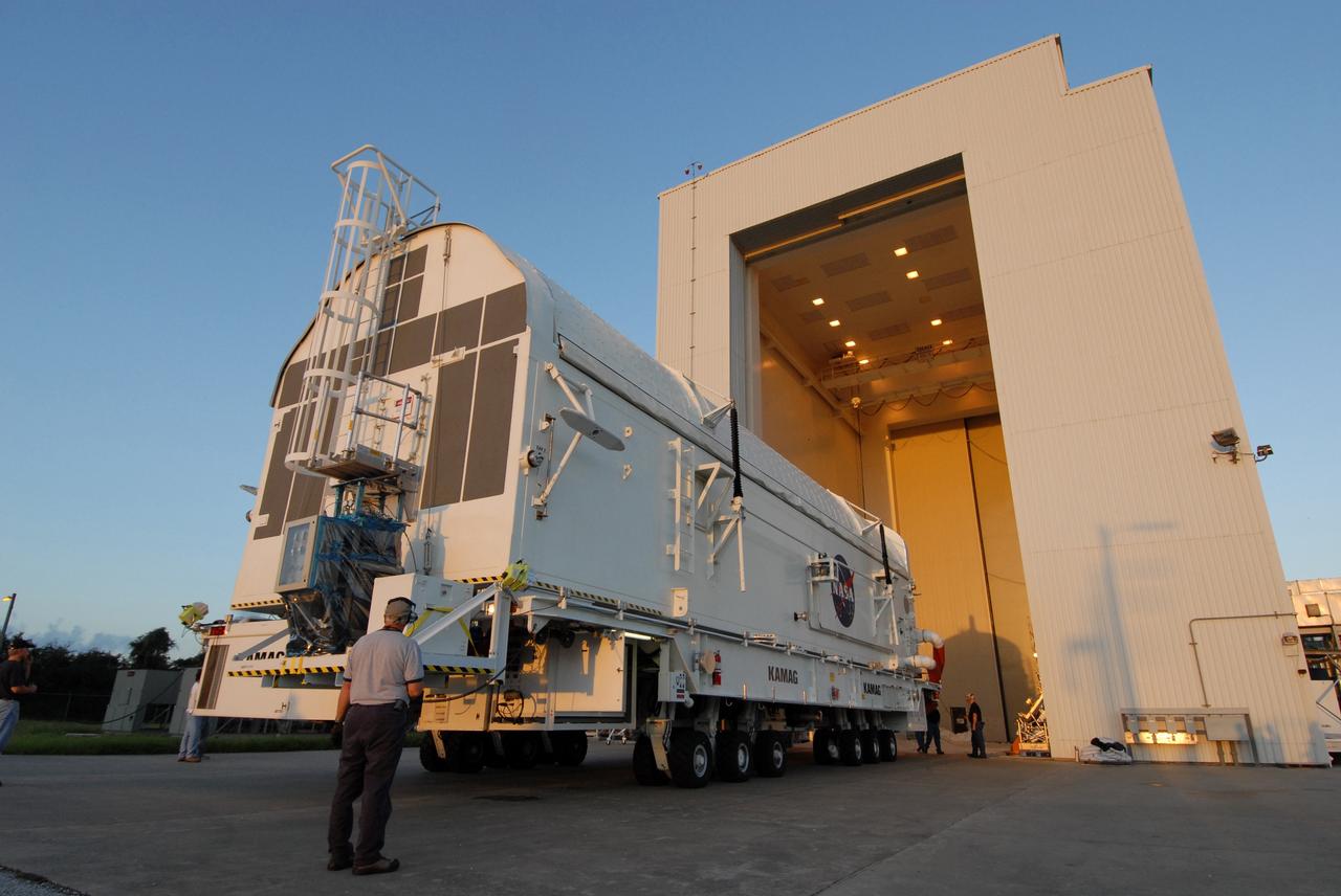 CAPE CANAVERAL, Fla. -  The payload canister containing the equipment and hardware for space shuttle Atlantis’ STS-125 mission to the Hubble Space Telescope is moved from the Payload Hazardous Servicing Facility at NASA’s Kennedy Space Center in Florida, to the canister rotation facility. The canister will be transferred to Launch Pad 39A and the payload will be loaded into Atlantis’ payload bay. Launch of Atlantis is targeted for Oct 10. Photo credit: NASA/Jack Pfaller
