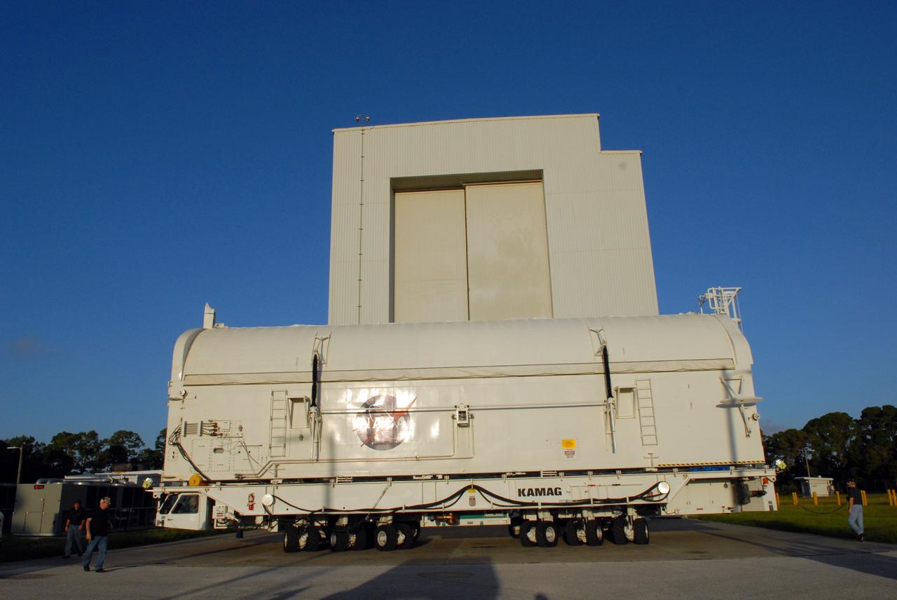 CAPE CANAVERAL, Fla. -  The payload canister containing the equipment and hardware for space shuttle Atlantis’ STS-125 mission to the Hubble Space Telescope is moved from the Payload Hazardous Servicing Facility at NASA’s Kennedy Space Center in Florida, to the canister rotation facility. The canister will be transferred to Launch Pad 39A and the payload will be loaded into Atlantis’ payload bay. Launch of Atlantis is targeted for Oct 10. Photo credit: NASA/Jack Pfaller