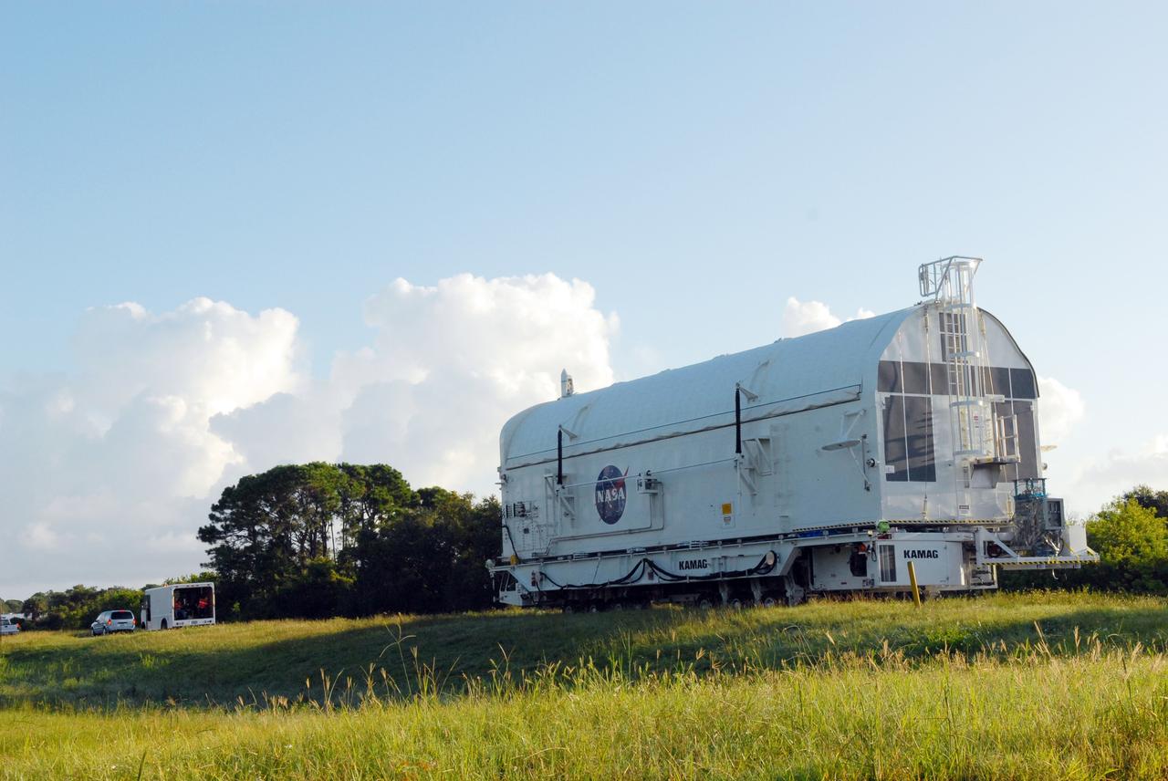 CAPE CANAVERAL, Fla. -  The payload canister containing the equipment and hardware for space shuttle Atlantis’ STS-125 mission to the Hubble Space Telescope is moved from the Payload Hazardous Servicing Facility at NASA’s Kennedy Space Center in Florida, to the canister rotation facility. The canister will be transferred to Launch Pad 39A and the payload will be loaded into Atlantis’ payload bay. Launch of Atlantis is targeted for Oct 10. Photo credit: NASA/Jack Pfaller