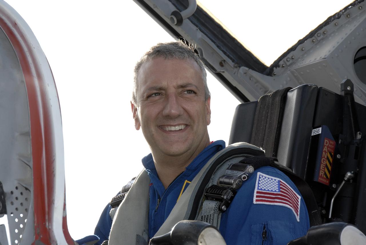 CAPE CANAVERAL, Fla. -  STS-125 mission specialist Mike Massimino arrives at the Shuttle Landing Facility at NASA’s Kennedy Space Center in Florida in a T-38 jet for Terminal Countdown Demonstration Test, or TCDT, activities. During TCDT, space shuttle Atlantis’ STS-125 crew members will participate in a simulated launch countdown, practice emergency egress procedures at the launch pad and continue to familiarize themselves with the mission payload and hardware. STS-125 is the fifth and final shuttle Hubble Space Telescope servicing mission. Launch is targeted for Oct. 10. Photo credit: NASA/Kim Shiflett