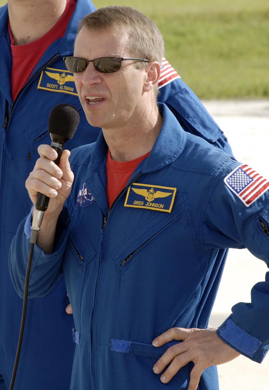 CAPE CANAVERAL, Fla. - On Launch Pad 39A at NASA's Kennedy Space Center in Florida, STS-125 Pilot Gregory C. Johnson discusses his role in the mission for the media. The crew is at Kennedy to take part in terminal countdown demonstration test, or TCDT, activities before launching on space shuttle Atlantis’ mission to service NASA’s Hubble Space Telescope. TCDT provides astronauts and ground crews with an opportunity to participate in various simulated countdown activities, including equipment familiarization, emergency training and a simulated launch countdown. Atlantis is targeted to launch Oct. 10. Photo credit: NASA/Kim Shiflett