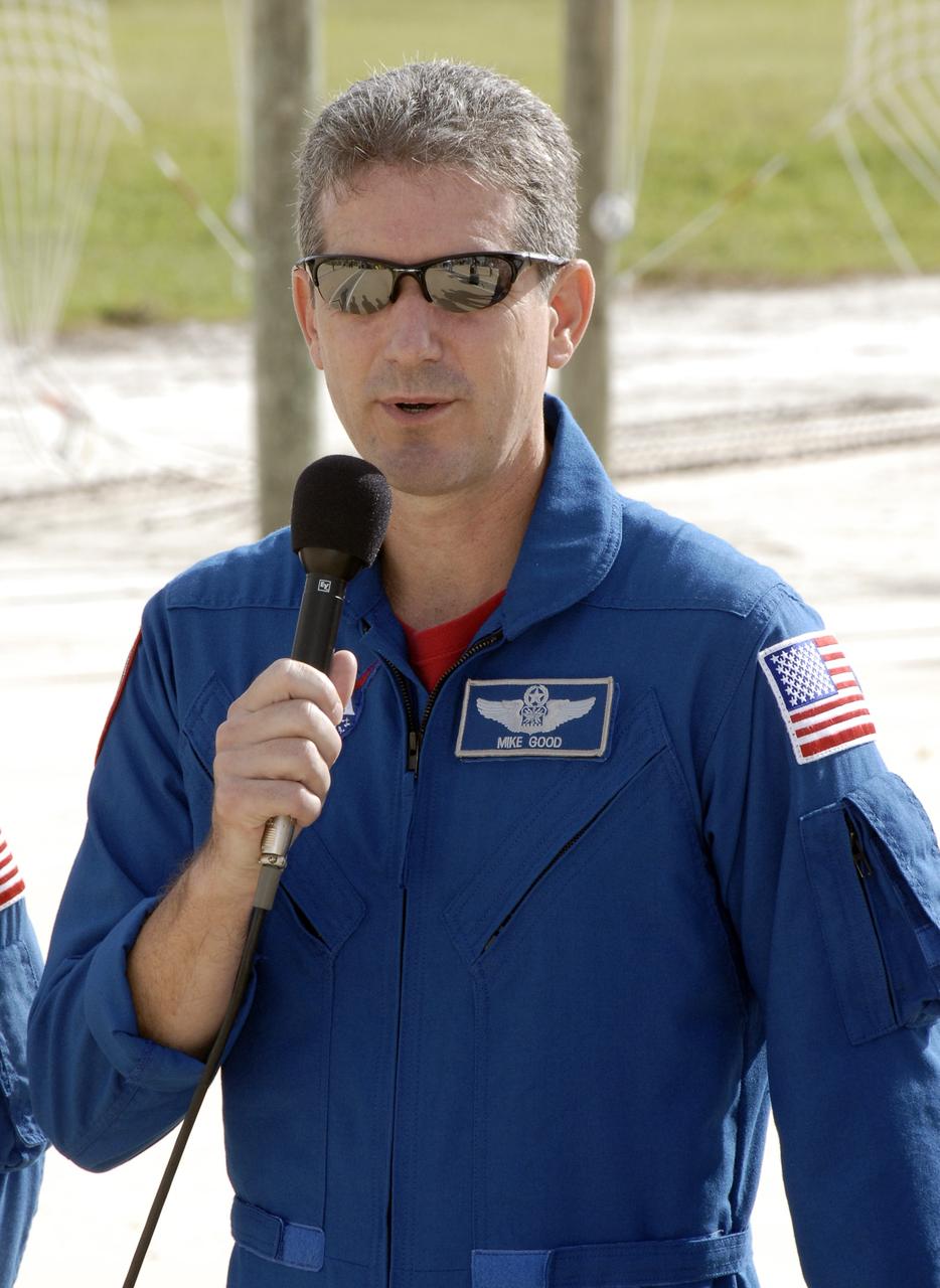 CAPE CANAVERAL, Fla. - On Launch Pad 39A at NASA's Kennedy Space Center in Florida, STS-125 Mission Specialist Michael Good discusses his role in the mission for the media. The crew is at Kennedy to take part in terminal countdown demonstration test, or TCDT, activities before launching on space shuttle Atlantis’ mission to service NASA’s Hubble Space Telescope. TCDT provides astronauts and ground crews with an opportunity to participate in various simulated countdown activities, including equipment familiarization, emergency training and a simulated launch countdown. Atlantis is targeted to launch Oct. 10. Photo credit: NASA/Kim Shiflett