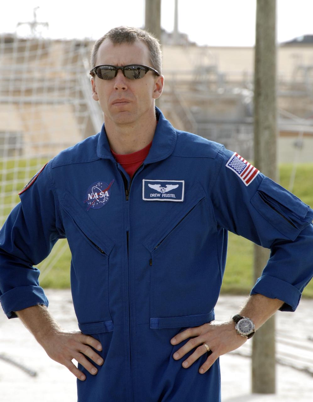 CAPE CANAVERAL, Fla. - On Launch Pad 39A at NASA's Kennedy Space Center in Florida, STS-125 Mission Specialist Andrew Feustel waits for a question from the media about his role in the mission. The crew is at Kennedy to take part in terminal countdown demonstration test, or TCDT, activities before launching on space shuttle Atlantis’ mission to service NASA’s Hubble Space Telescope. TCDT provides astronauts and ground crews with an opportunity to participate in various simulated countdown activities, including equipment familiarization, emergency training and a simulated launch countdown. Atlantis is targeted to launch Oct. 10. Photo credit: NASA/Kim Shiflett