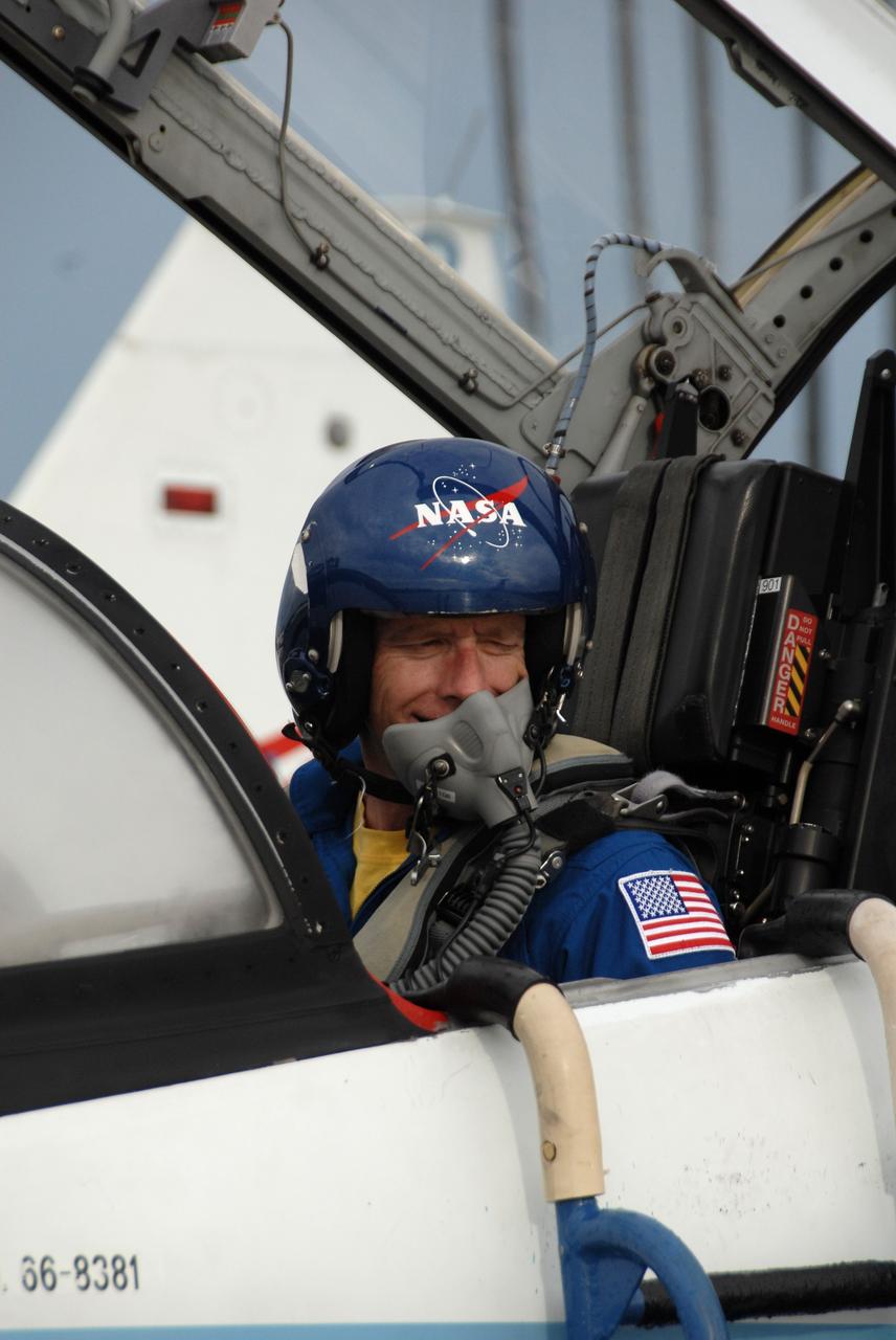 CAPE CANAVERAL, Fla. -  Space shuttle Endeavour’s STS-126 commander, Chris Ferguson, arrives at NASA's Kennedy Space Center in Florida aboard a T-38 jet trainer.  Ferguson will pilot the Shuttle Training Aircraft, or STA, to practice landing a shuttle on the runway of the Shuttle Landing Facility.  The STA is a Grumman American Aviation-built Gulf Stream II jet that was modified to simulate a shuttle’s cockpit, motion and visual cues, and handling qualities. In flight, the aircraft duplicates the shuttle’s atmospheric descent trajectory from approximately 35,000 feet altitude to landing on a runway. Ferguson previously served as pilot on the STS-115 mission, which flew in September 2006.  The STS-126 mission to the International Space Station is targeted to launch Nov. 16.  Photo credit: NASA/Cory Huston