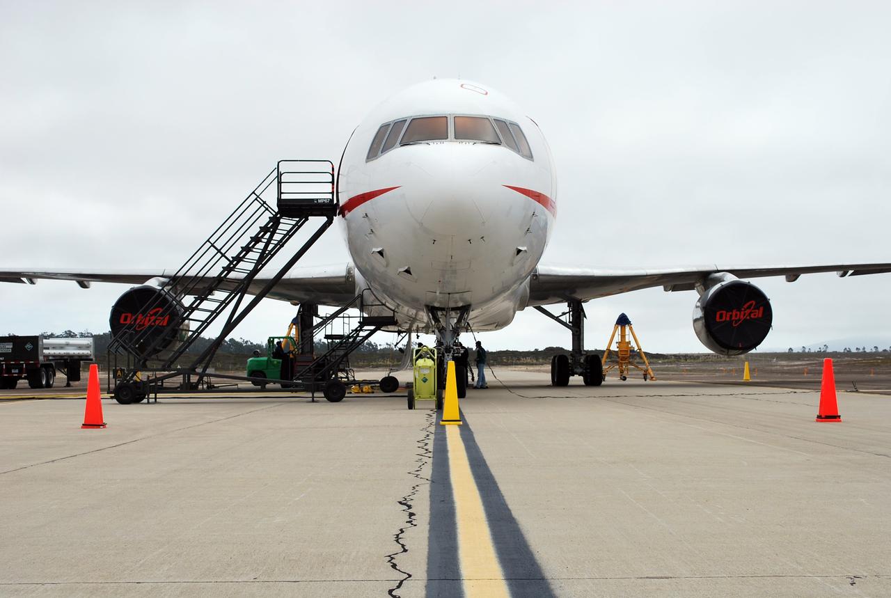 VANDENBERG AIR FORCE BASE, Calif. – In On the runway of Vandenberg Air Force Base in California, Orbital Sciences’ L-1011 aircraft waits for the arrival of NASA’s Interstellar Boundary Explorer, or IBEX, spacecraft and Pegasus XL rocket. The Pegasus will be attached to the aircraft for launch. The IBEX satellite will make the first map of the boundary between the Solar System and interstellar space. IBEX is targeted for launch from the Kwajalein Atoll, a part of the Marshall Islands in the Pacific Ocean, on Oct. 19 aboard the Pegasus rocket dropped from under the wing of an L-1011 aircraft flying over the Pacific Ocean. The Pegasus will carry the spacecraft approximately 130 miles above Earth and place it in orbit. Photo credit: NASA/Randy Beaudoin, VAFB