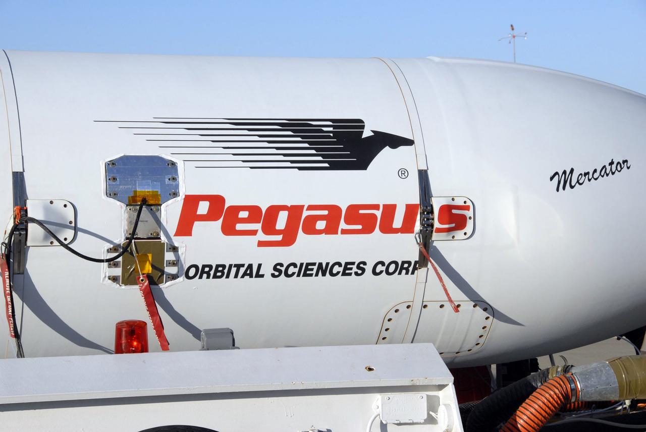 VANDENBERG AIR FORCE BASE, Fla. --  A closeup of Orbital Sciences’ Pegasus XL rocket for NASA’s Interstellar Boundary Explorer, or IBEX, spacecraft as it is enroute to the ramp on Vandenberg Air Force Base in California.  There, the rocket will be attached to Orbital Sciences’ L-1011 aircraft for launch. IBEX is targeted for launch from the Kwajalein Atoll, a part of the Marshall Islands in the Pacific Ocean, on Oct.  19.  IBEX will be launched aboard the Pegasus rocket dropped from under the wing of the L-1011 aircraft flying over the Pacific Ocean. The Pegasus will carry the spacecraft approximately 130 miles above Earth and place it in orbit. The IBEX satellite will make the first map of the boundary between the Solar System and interstellar space. Photo credit: NASA/Mark Mackley, VAFB